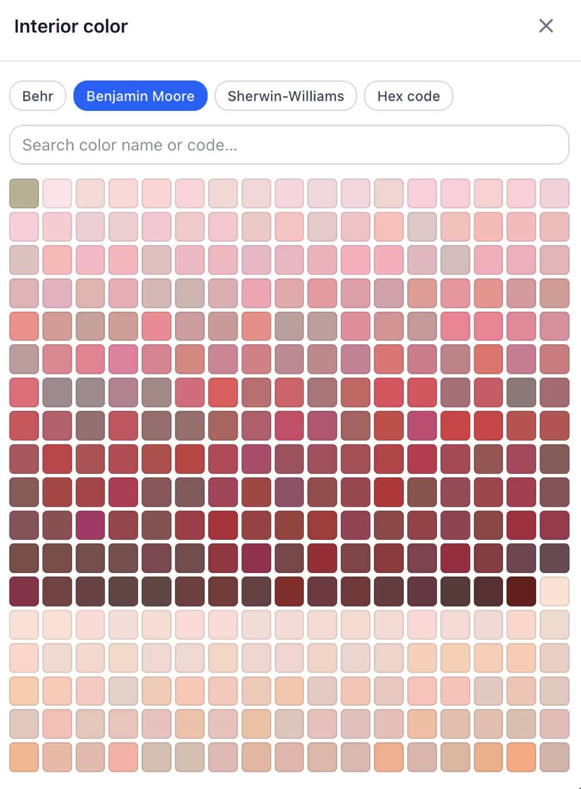 The brand color picker on the Benjamin Moore tab with search and the Hex code tab — RoomSketch3D 3D floorplan software