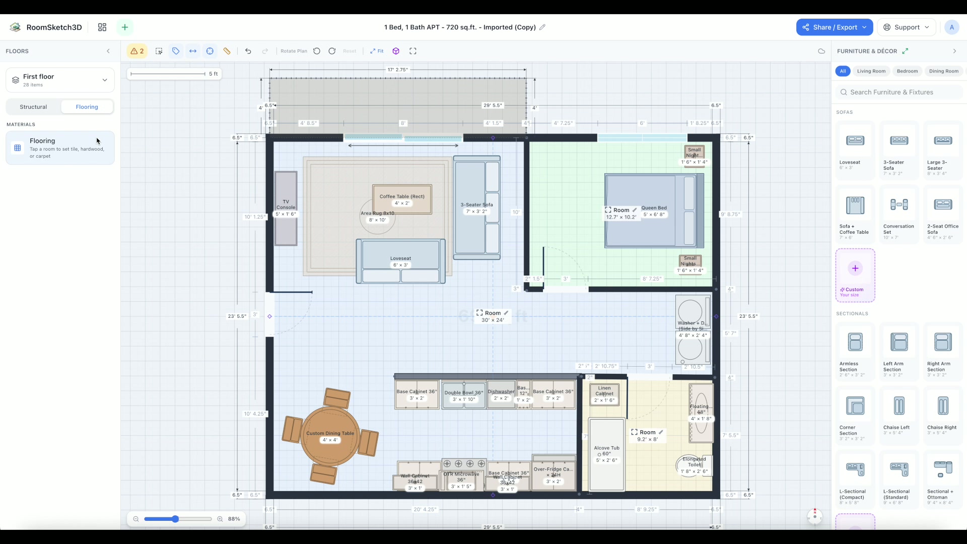 The Flooring tab selected in the left panel with the prompt to tap a room