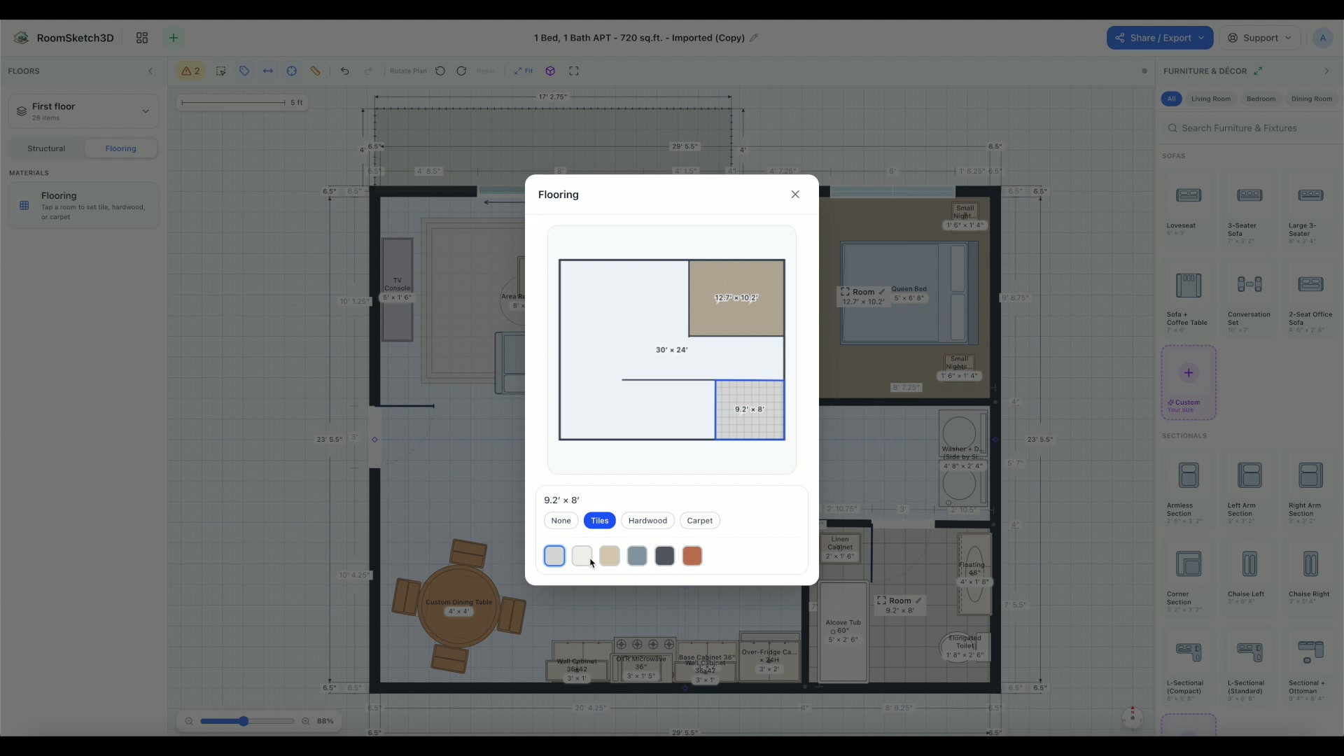 The Flooring panel with the bathroom selected and tile chosen