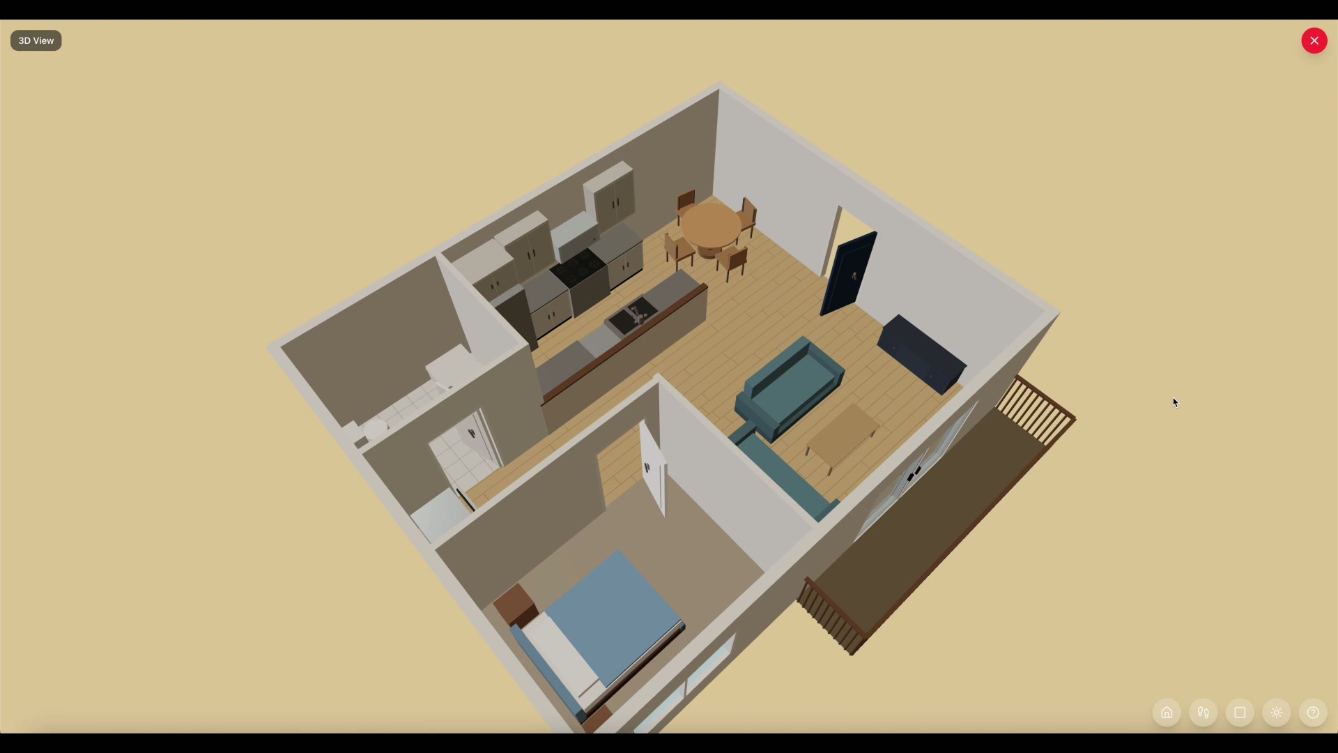 3D view of the apartment showing carpet, tile, and hardwood floors across the rooms
