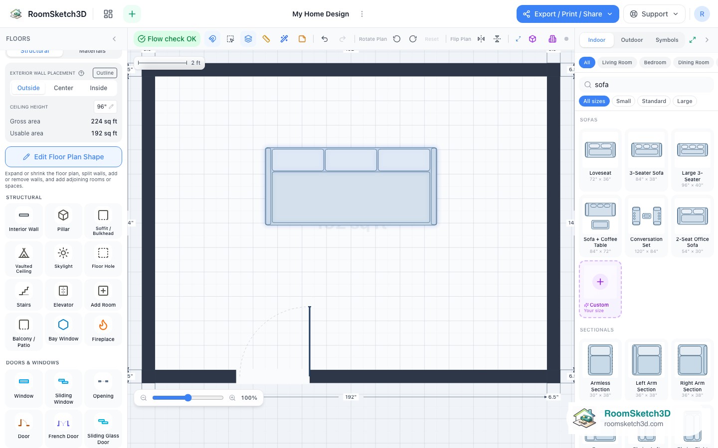 A RoomSketch3D floor plan that imported at the wrong scale, reading 16 feet where the real wall is 24