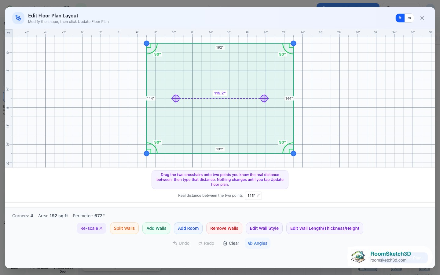 Re-scale mode in the RoomSketch3D shape editor with two crosshairs placed across the plan