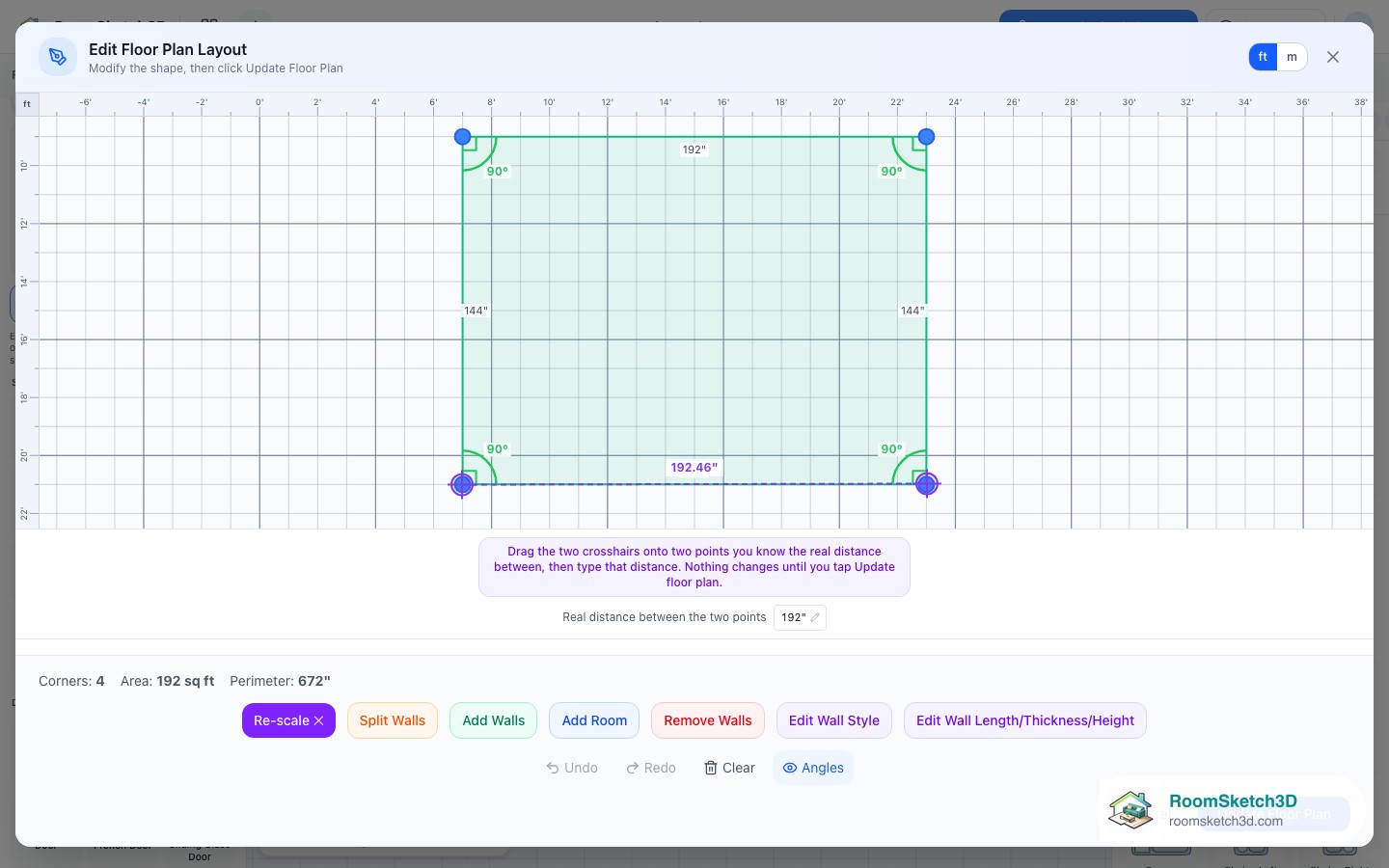 The two Re-scale crosshairs dragged onto the front corners of a floor plan in RoomSketch3D