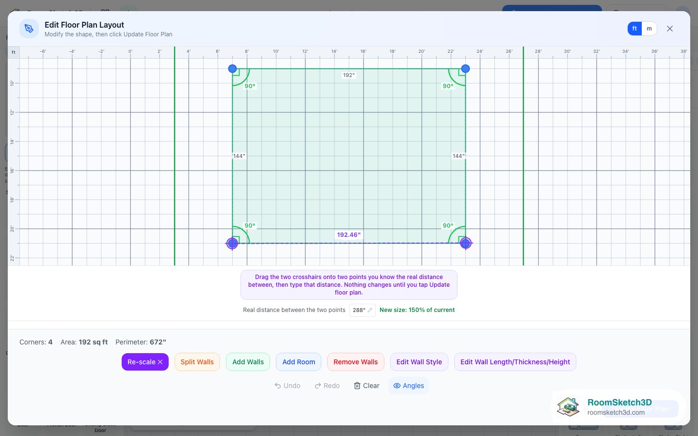 The Re-scale dock in RoomSketch3D showing the typed real distance and New size: 150% of current