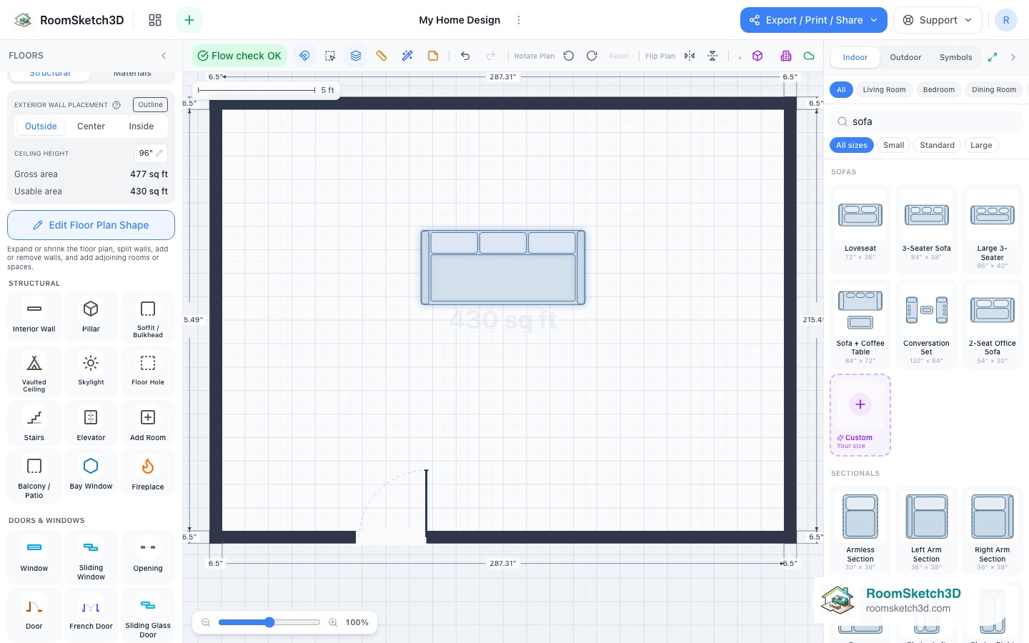 The corrected RoomSketch3D floor plan after Re-scale, now 24 feet across with furniture unchanged