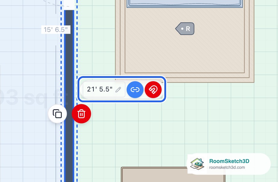 A selected interior wall with the small panel beside it showing its length 21 feet 5.5 inches, the blue link button and the red magnet — RoomSketch3D floor planner