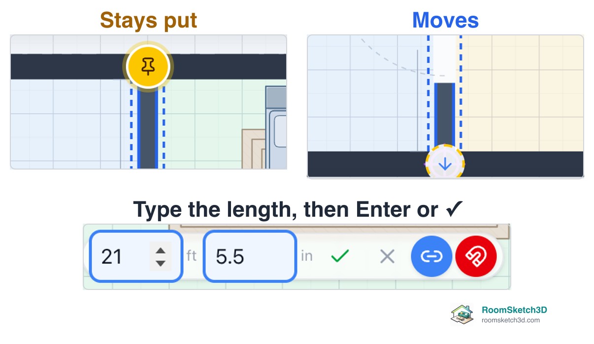 Typing a new length for an interior wall: a yellow pin at the top end that stays and a blue arrow at the bottom end that moves — RoomSketch3D home design app