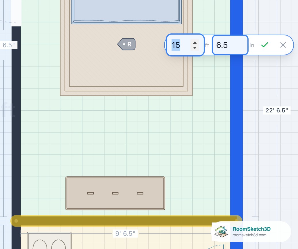 The bedroom's measurement open for typing with the wall that will move highlighted in yellow — RoomSketch3D floor planner