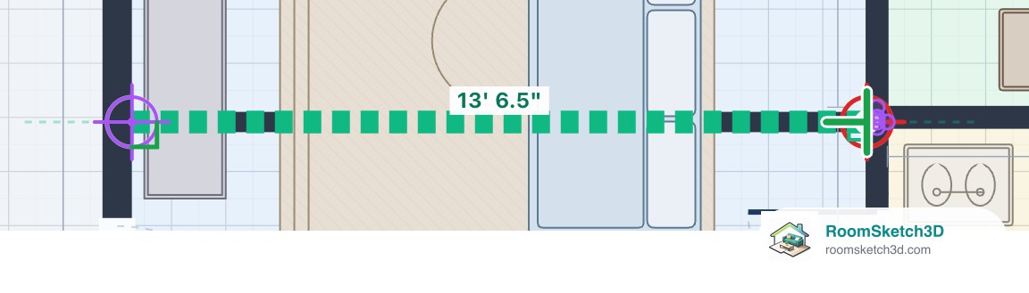 A new interior wall being pulled across the living room, shown in green with its live length 13 feet 6.5 inches and a green T mark where it meets the wall ahead — RoomSketch3D home design app