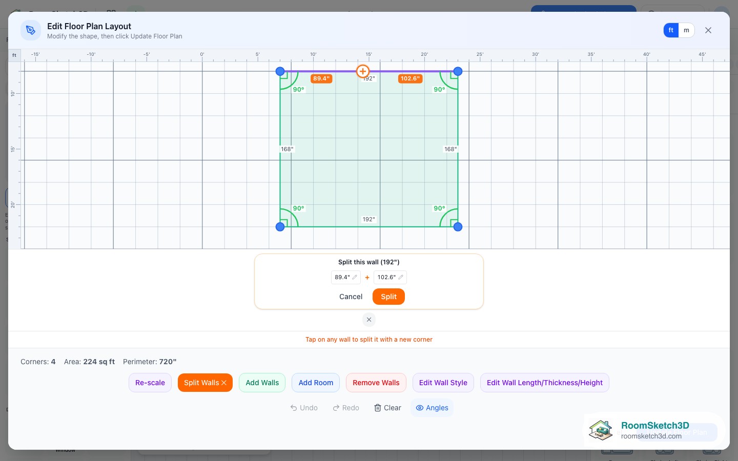 The Split this wall popover in the RoomSketch3D shape editor with a typed distance and both resulting lengths