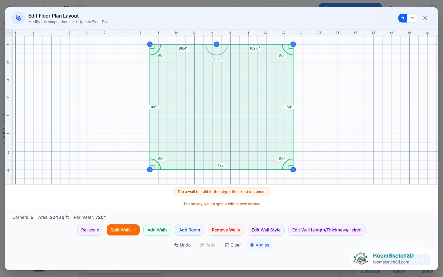 An exterior wall divided into two segments in the RoomSketch3D shape editor