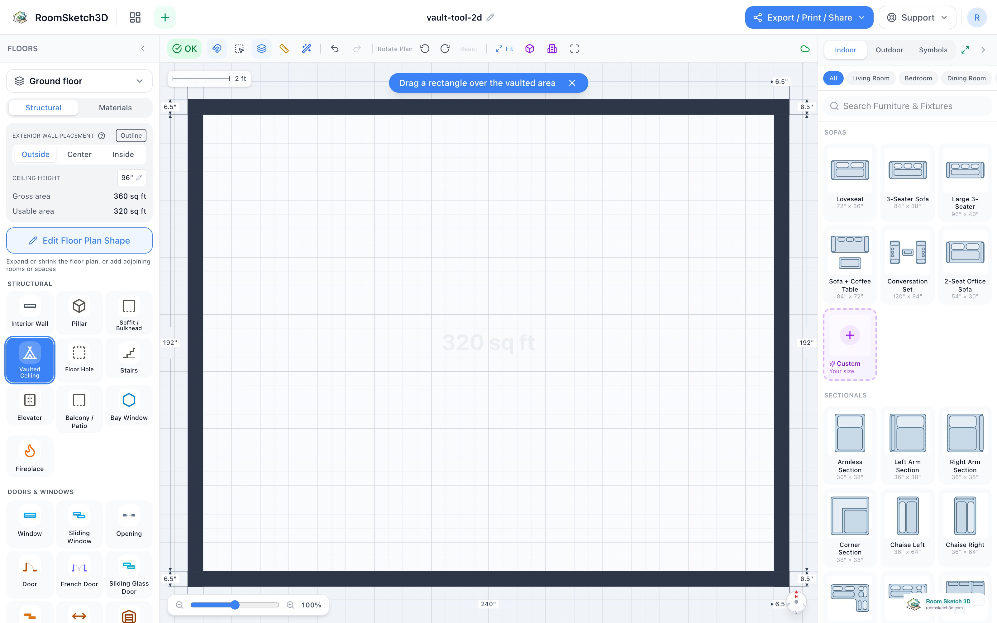 The Vaulted Ceiling tile selected in the Build Panel with the draw-mode prompt on the canvas — RoomSketch3D floor planner