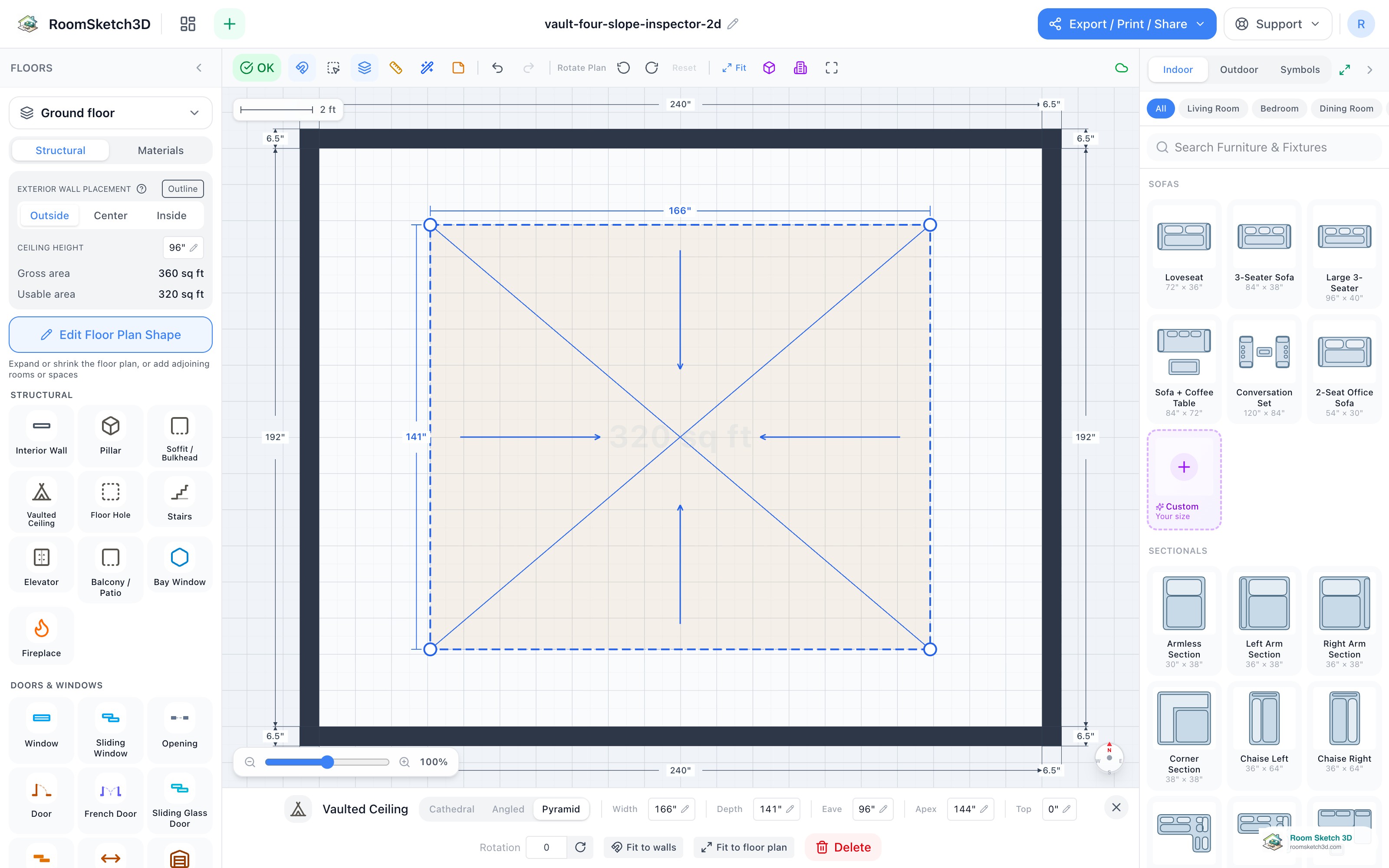 The Vaulted Ceiling inspector set to Pyramid, showing the Apex and Top (flat-top size) fields — RoomSketch3D room planner app