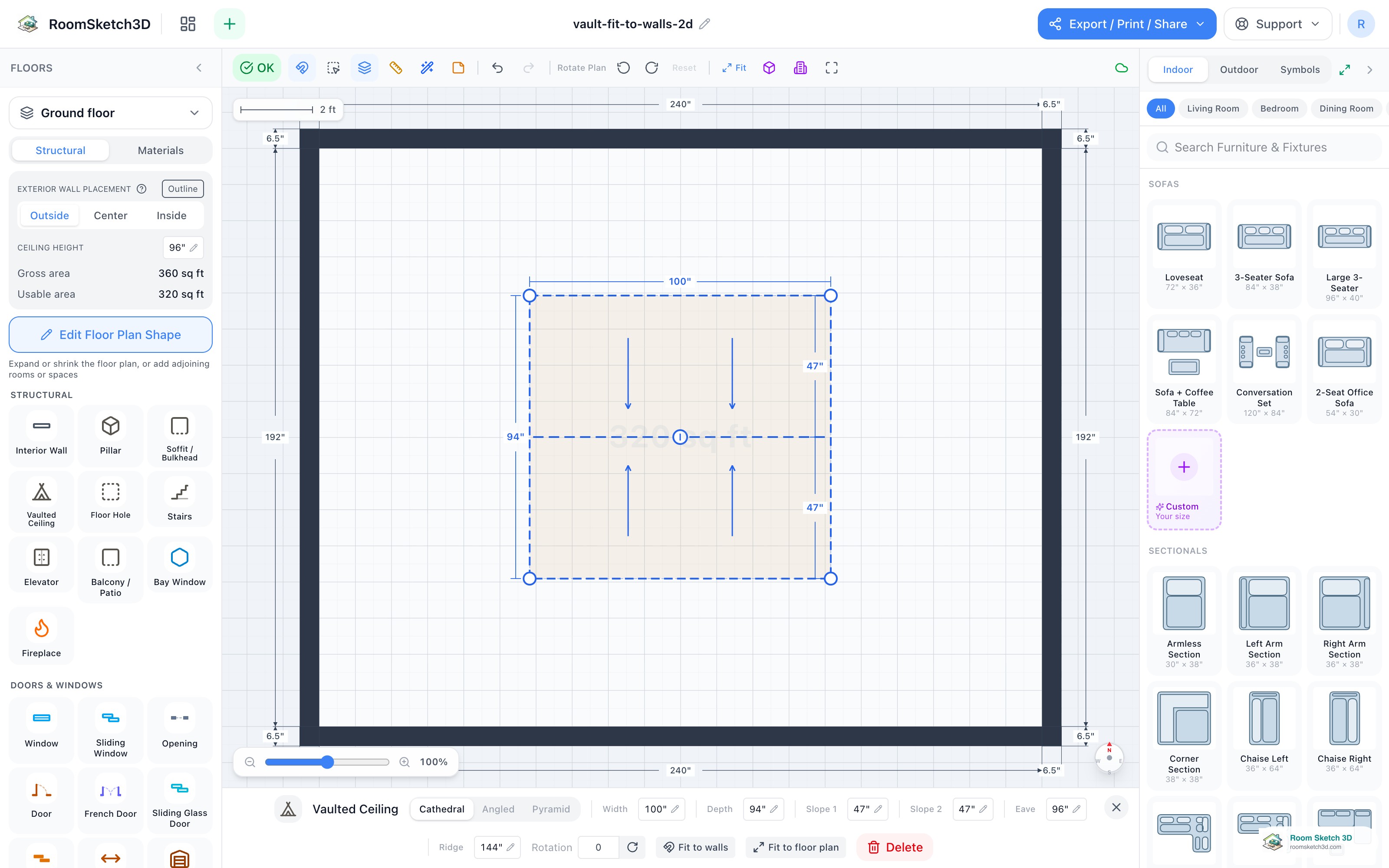 The Fit to walls and Fit to floor plan buttons in the vault inspector, with the outline snapping green — RoomSketch3D floor planner
