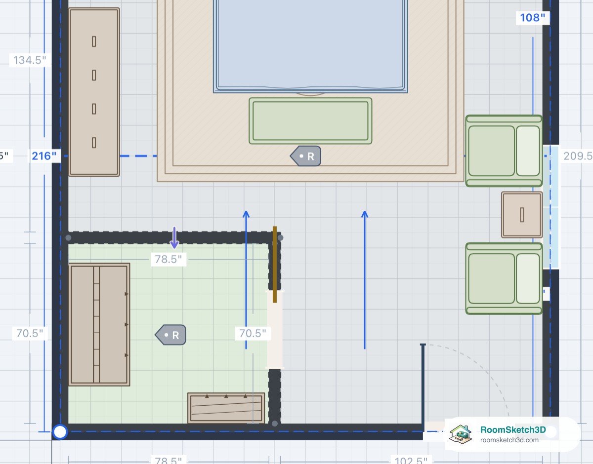 A vault selected over the whole Large Primary Bedroom with its inspector open and the inspector's close button highlighted — RoomSketch3D home design app