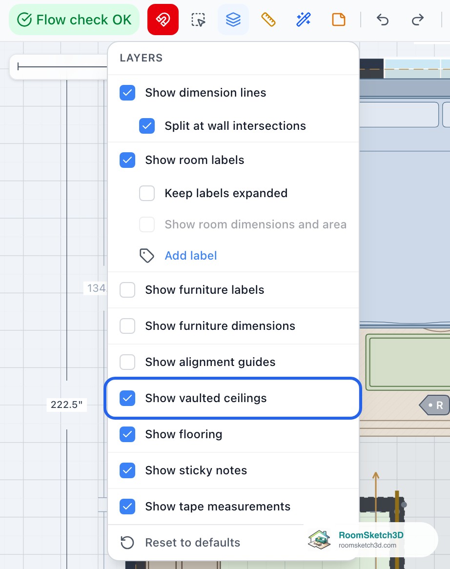 The Layers menu open from the toolbar with the Show vaulted ceilings option highlighted — RoomSketch3D room planner app