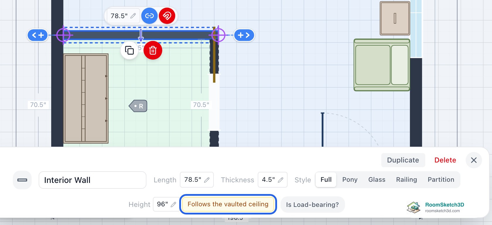 An interior closet wall selected under the hidden vault, its inspector showing Follows the vaulted ceiling next to Height — RoomSketch3D room planner app