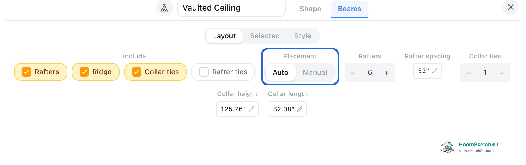 Rafters drawn across the vault on the plan, with the Beams Layout tab showing Include chips, the Auto and Manual Placement switch, rafter count and spacing, collar ties, collar height and collar length — RoomSketch3D home design app