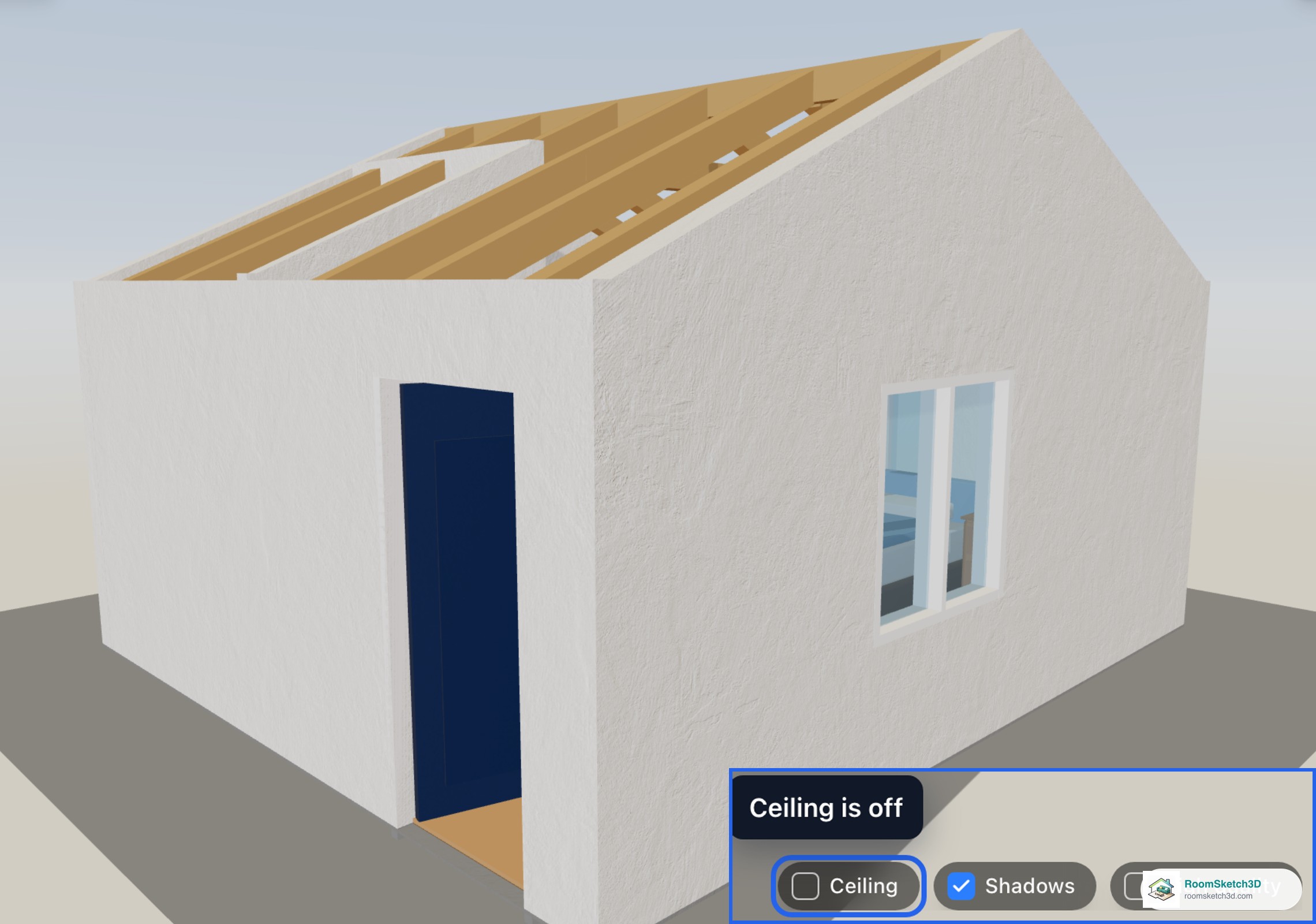3D view of the bedroom from outside with the Ceiling option unticked, showing rafters and a ridge beam with no ceiling between them — RoomSketch3D floor planner