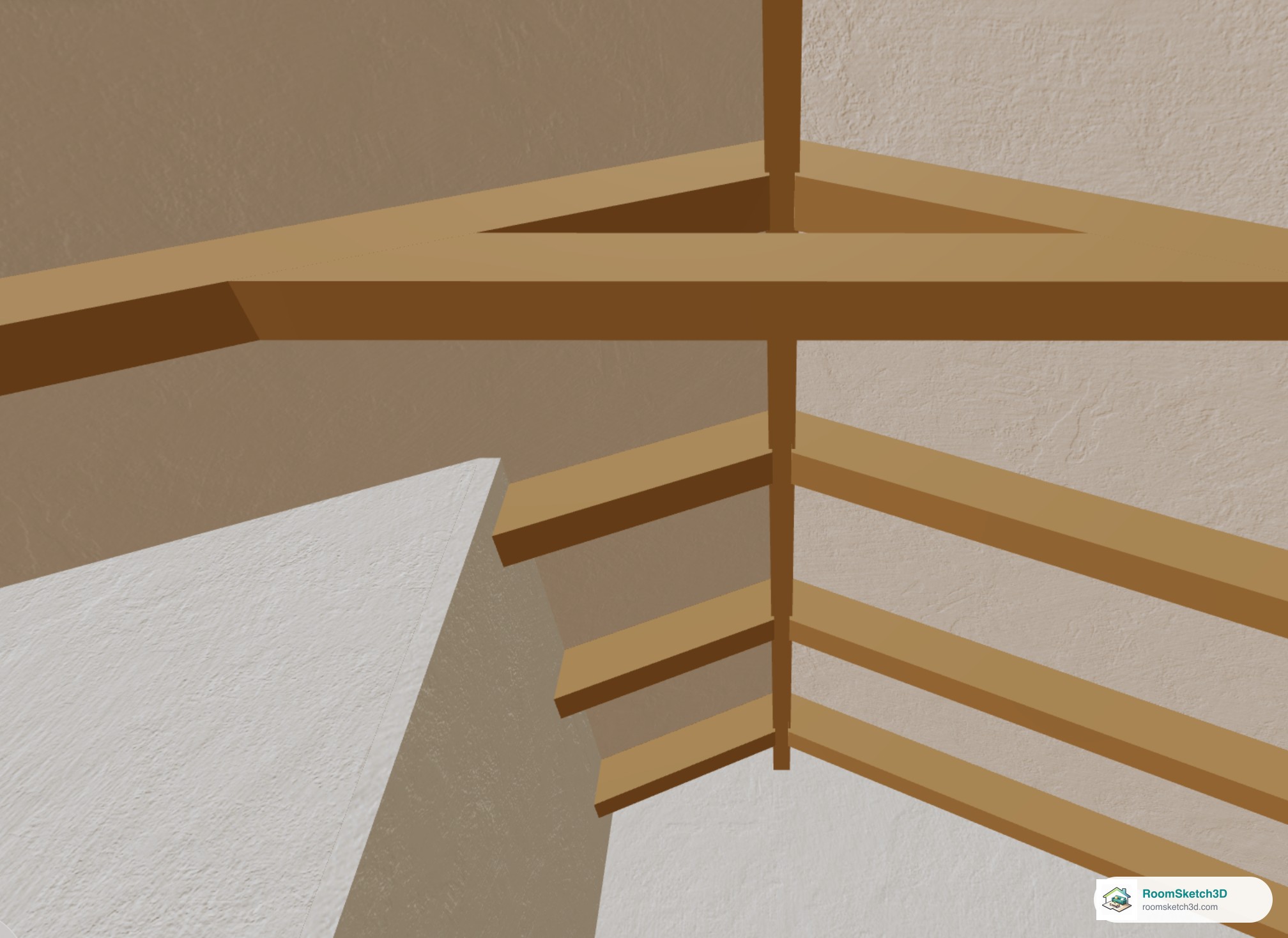 Looking up in the walk-through: wooden rafters, a ridge beam and a collar tie under the solid sloped ceiling — RoomSketch3D floor plan creator