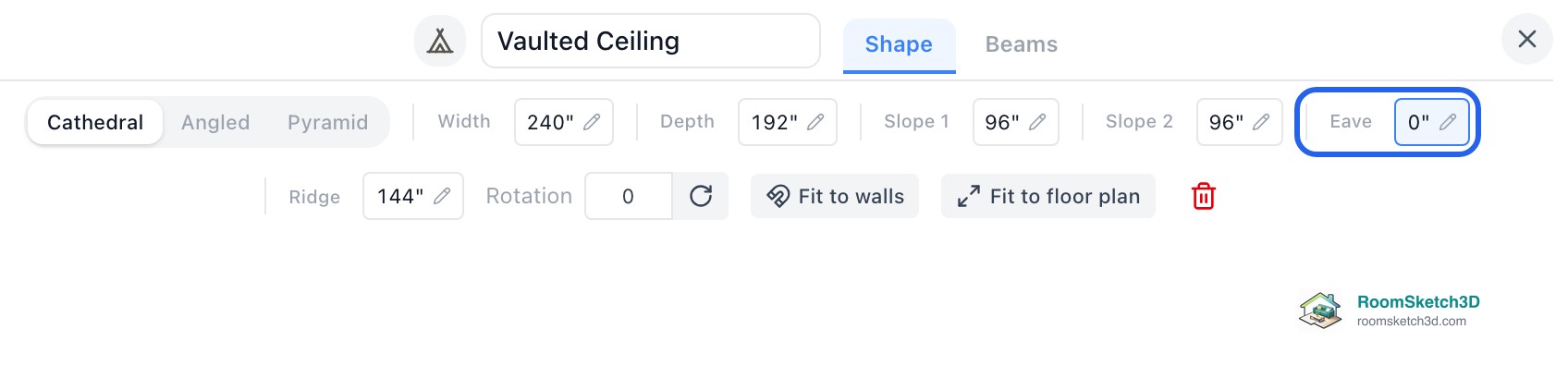 A cathedral vault over a 20 by 16 foot room with the Eave field set to 0 in the Vaulted Ceiling inspector — RoomSketch3D home design app