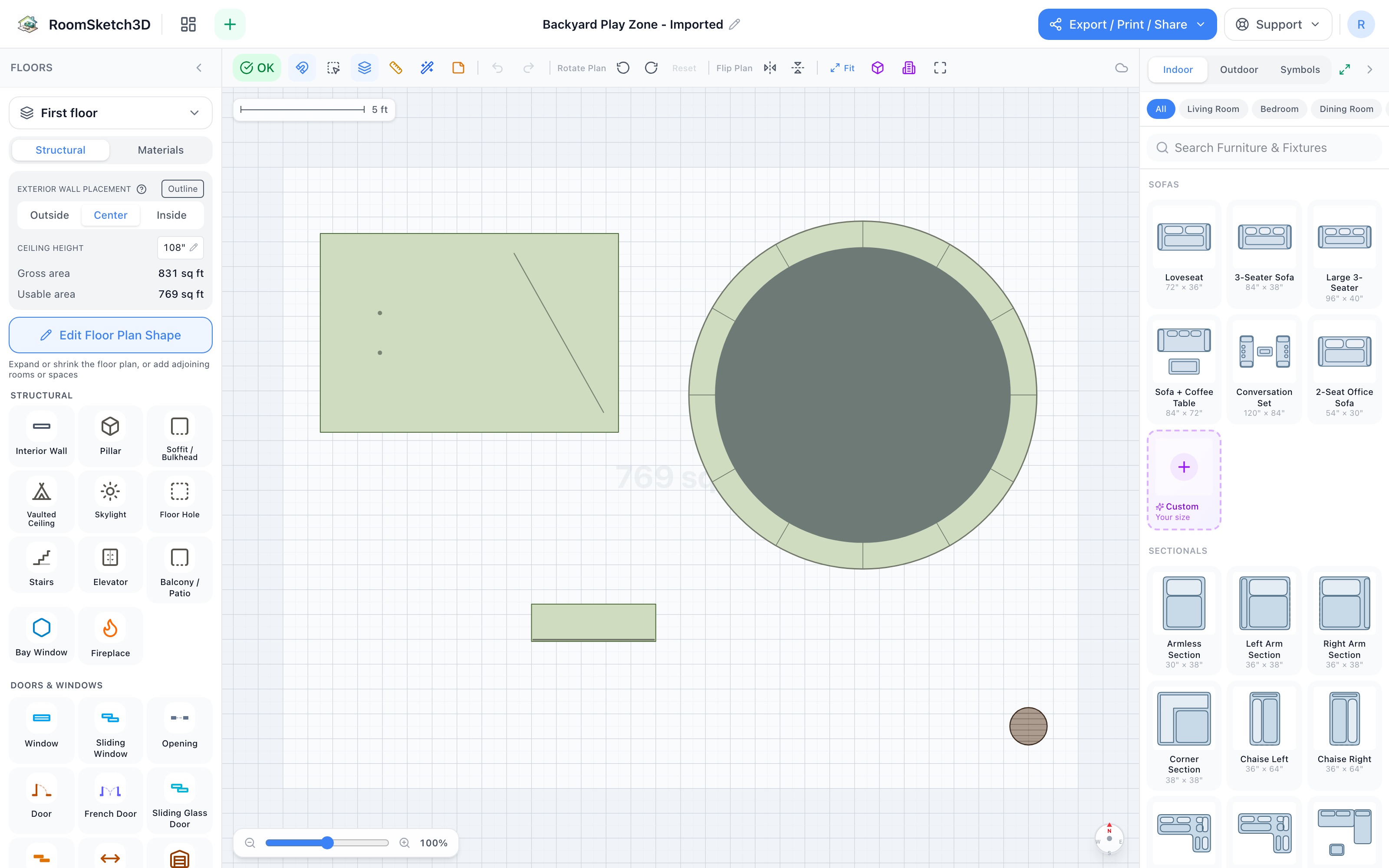 Backyard play zone floor plan in 2D: a 12×8 play set in the upper-left, a 14-ft trampoline on the right with a 3-ft clear fall zone all around, a garden bench bottom-center facing the yard, and a bird feeder pole in the far corner — RoomSketch3D floor plan creator