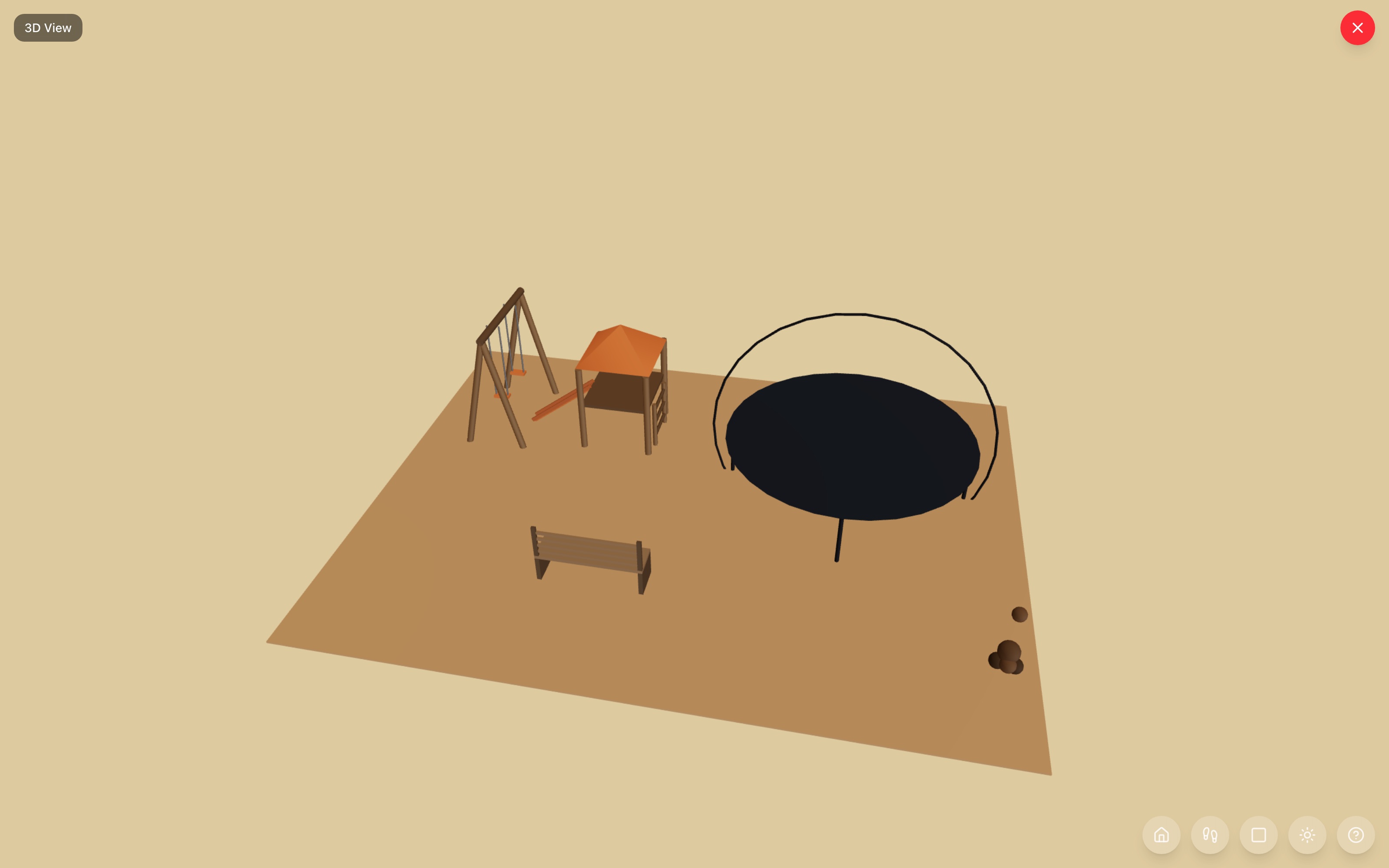 Backyard play zone in 3D: the play set with swings and slide on the left, the 14-ft trampoline with enclosure net on the right, the garden bench facing the whole zone, and the bird feeder pole in the far corner — RoomSketch3D floor plan creator
