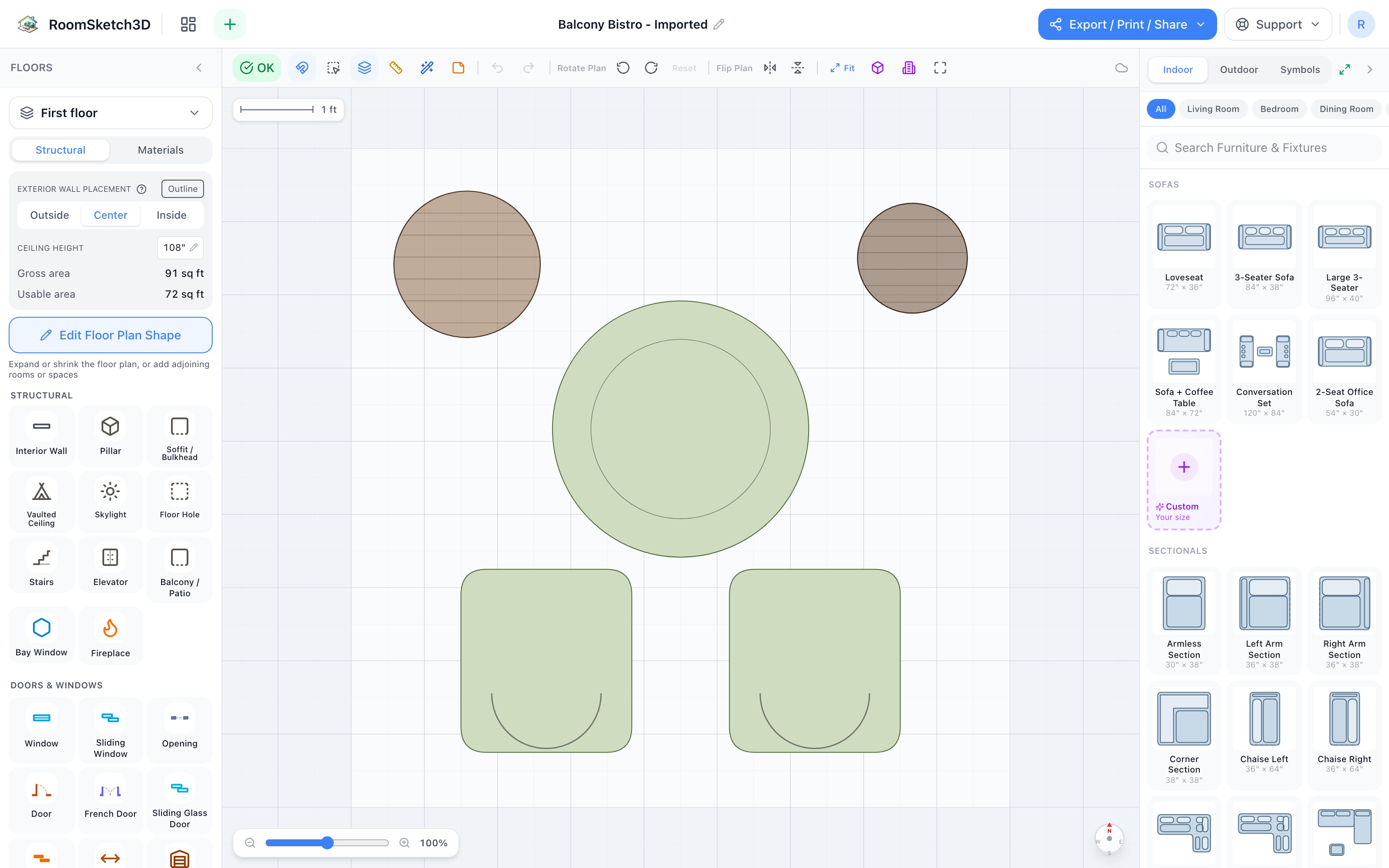 Balcony bistro floor plan in 2D: a round patio table with two chairs pulled up to it, a round planter in one corner and a bird feeder pole in the other — RoomSketch3D room planner app