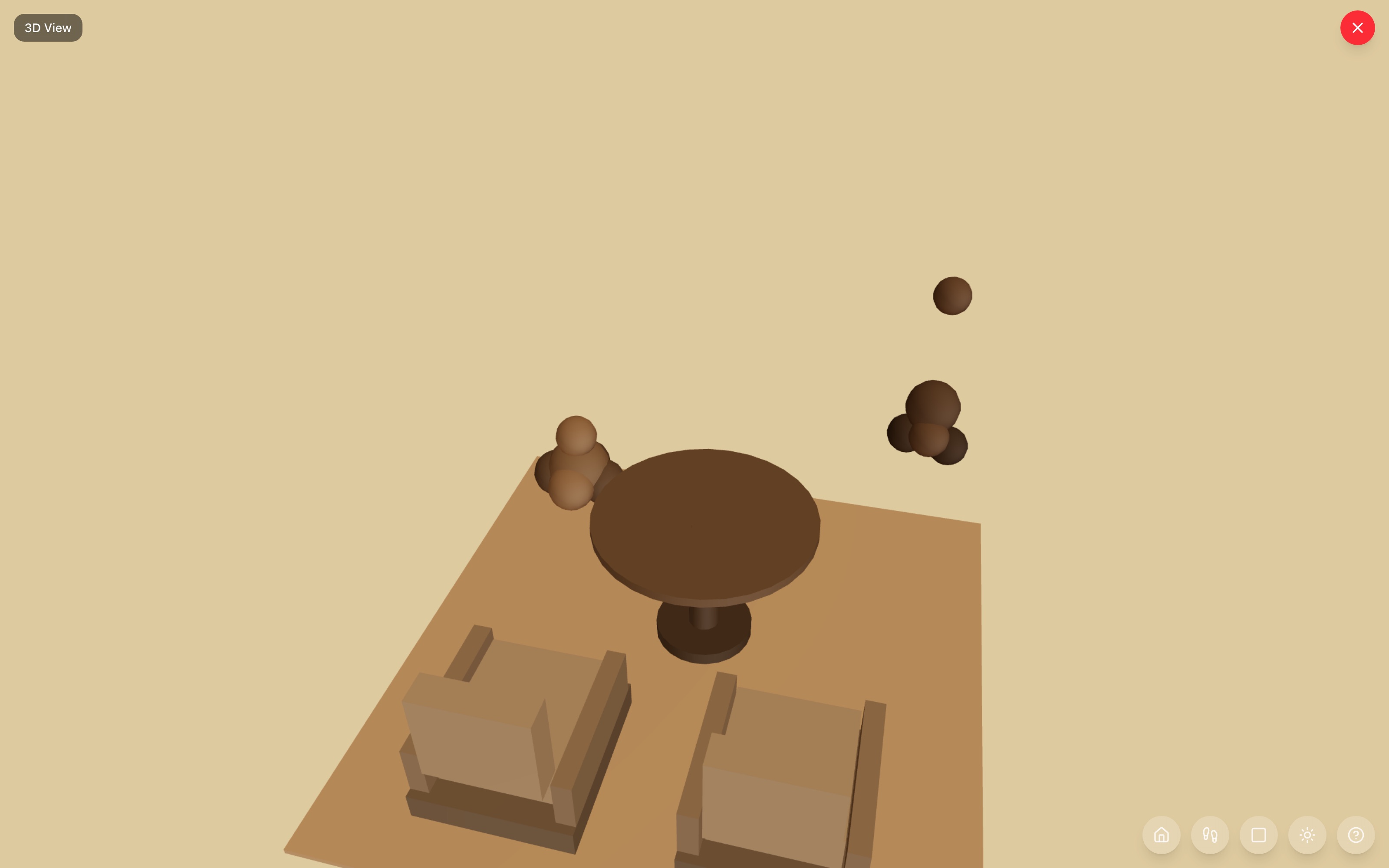 Balcony bistro in 3D: round patio table with two chairs pulled up to it, a planter with greenery in one corner, a tall bird feeder pole in the other — RoomSketch3D 3D floorplan software
