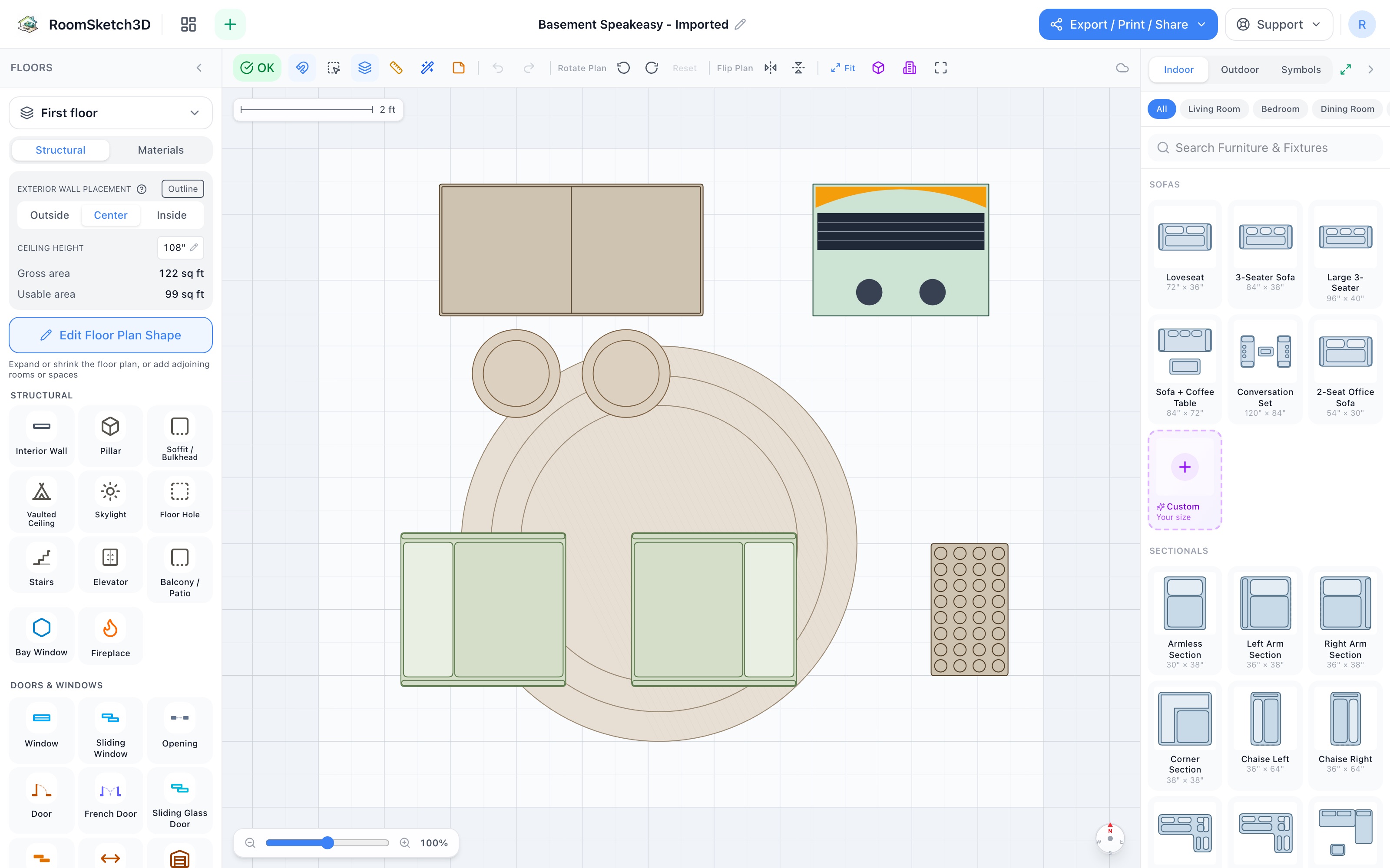 Basement speakeasy floor plan in 2D: a 48-inch bar on the top wall with two stools at its front, a jukebox in the top-right corner, a wine rack on the right wall, and two accent chairs facing each other on a 6 ft round rug — RoomSketch3D floor plan creator
