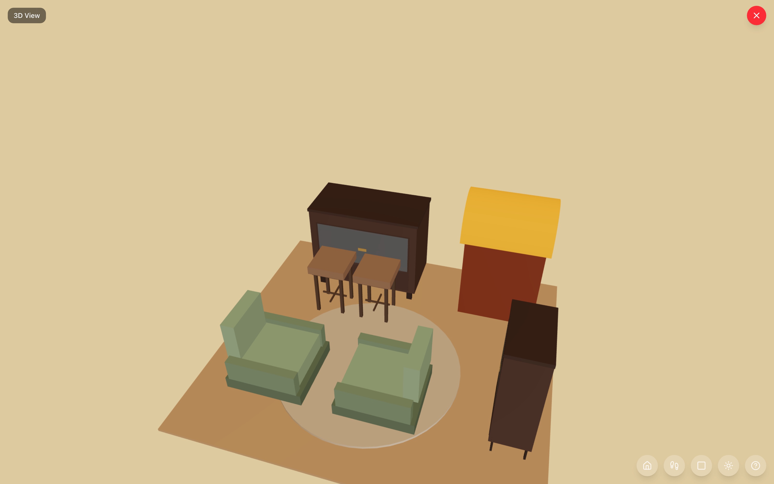 Basement speakeasy in 3D: the 48-inch bar with two stools against the dark top wall, jukebox glowing in the corner, wine rack along the right wall, and two accent chairs face to face on a round rug — RoomSketch3D room planner app