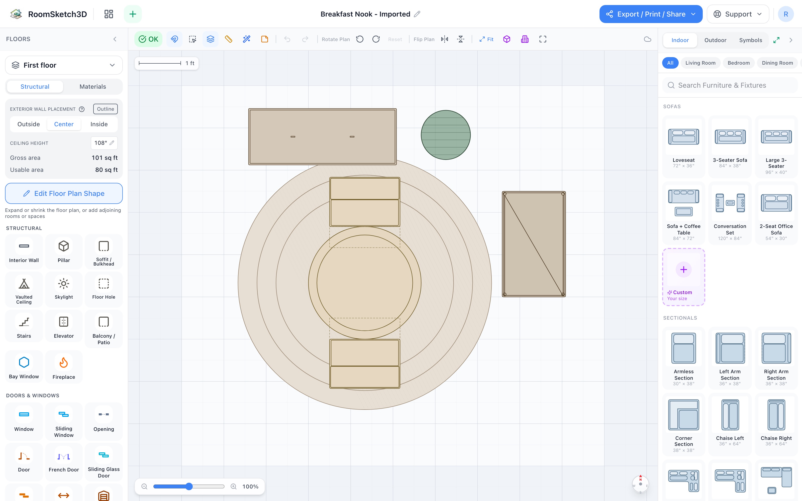 Breakfast nook floor plan: round breakfast set centered on a round rug, server on the far wall, bar cart at the side, plant in the corner — RoomSketch3D floor plan creator