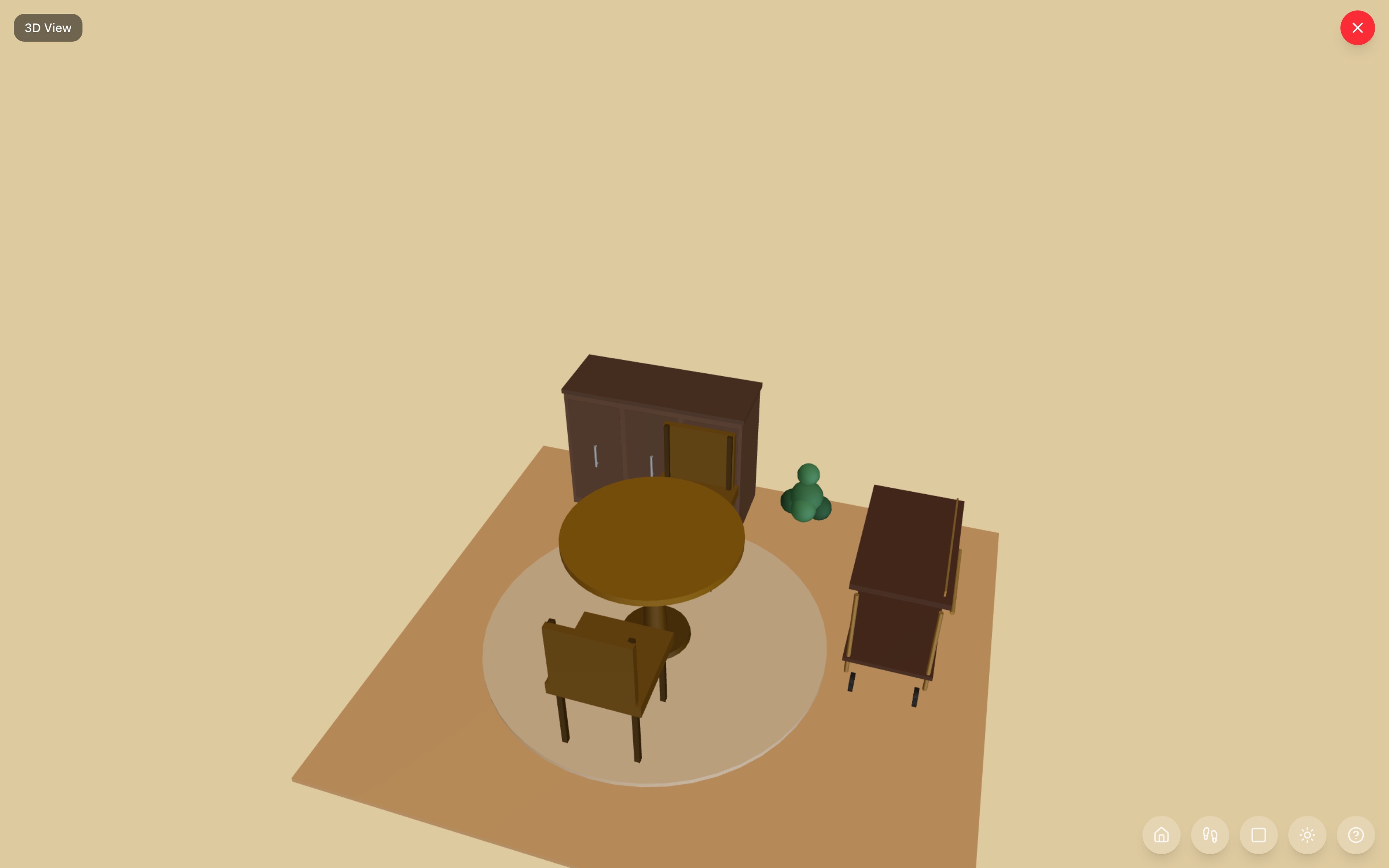 Breakfast nook in 3D: round table set on a round rug, dark wood server, bar cart, small plant — RoomSketch3D home design app