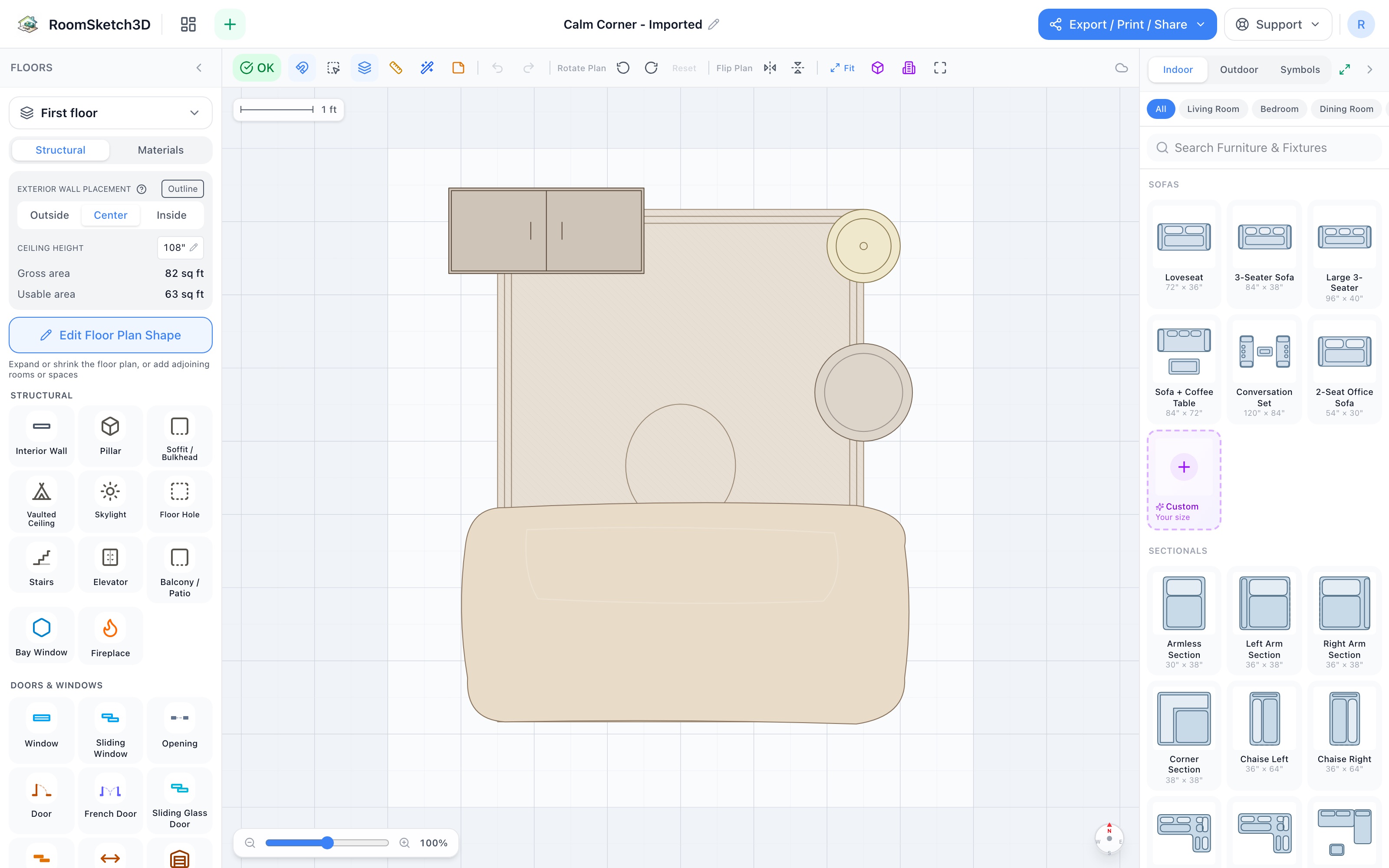 Calm-down corner floor plan in 2D: the 72-inch bean bag lounger across the lower half of a 5×7 rug, low cubby organizer against the top edge, floor lamp beside it, and a storage basket at the right edge — RoomSketch3D home design app