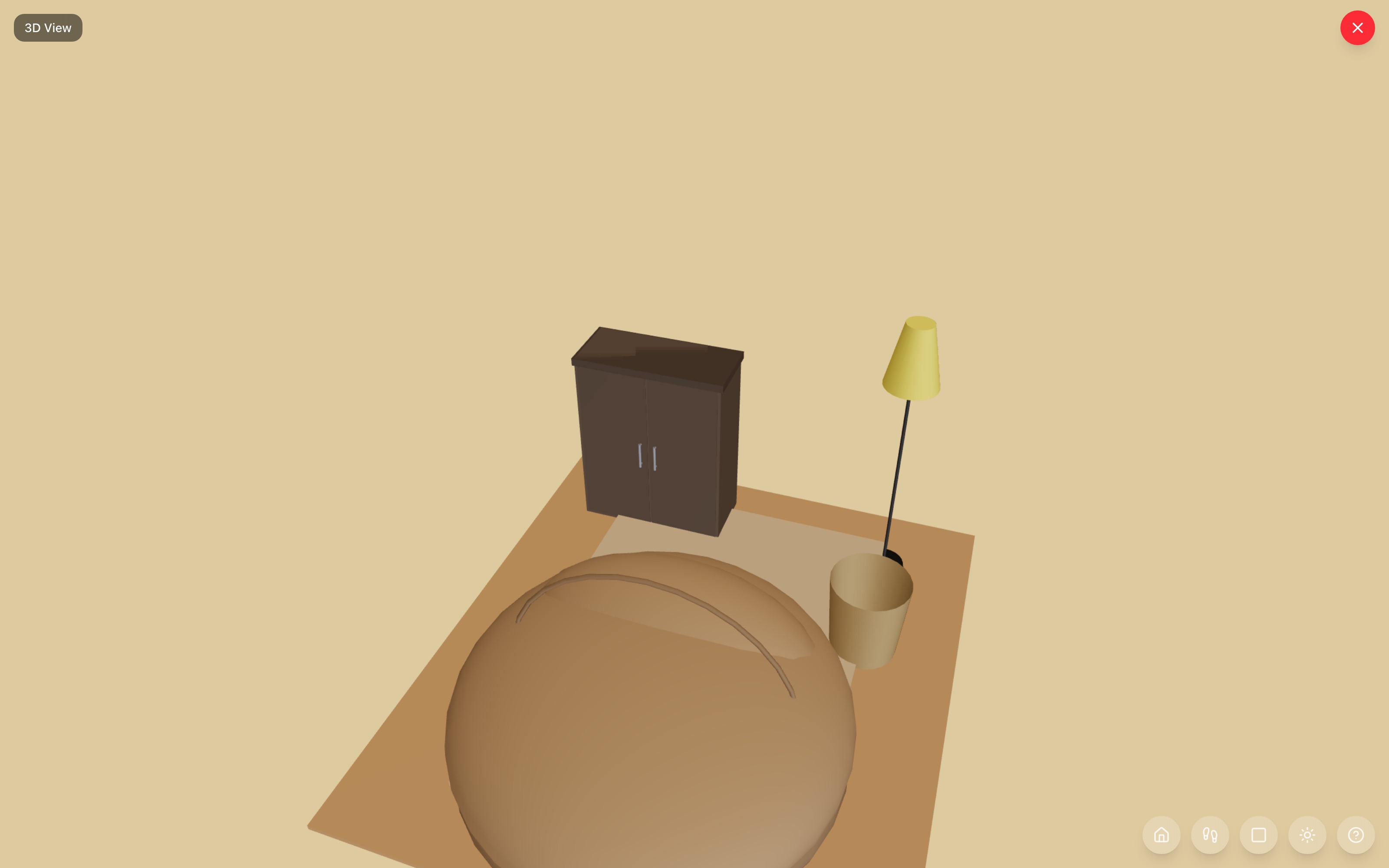 Calm-down corner in 3D: the full-body bean bag lounger on the 5×7 rug, low cubby organizer with bins against the wall, warm floor lamp beside it, and the reset basket within reach — RoomSketch3D floor planner