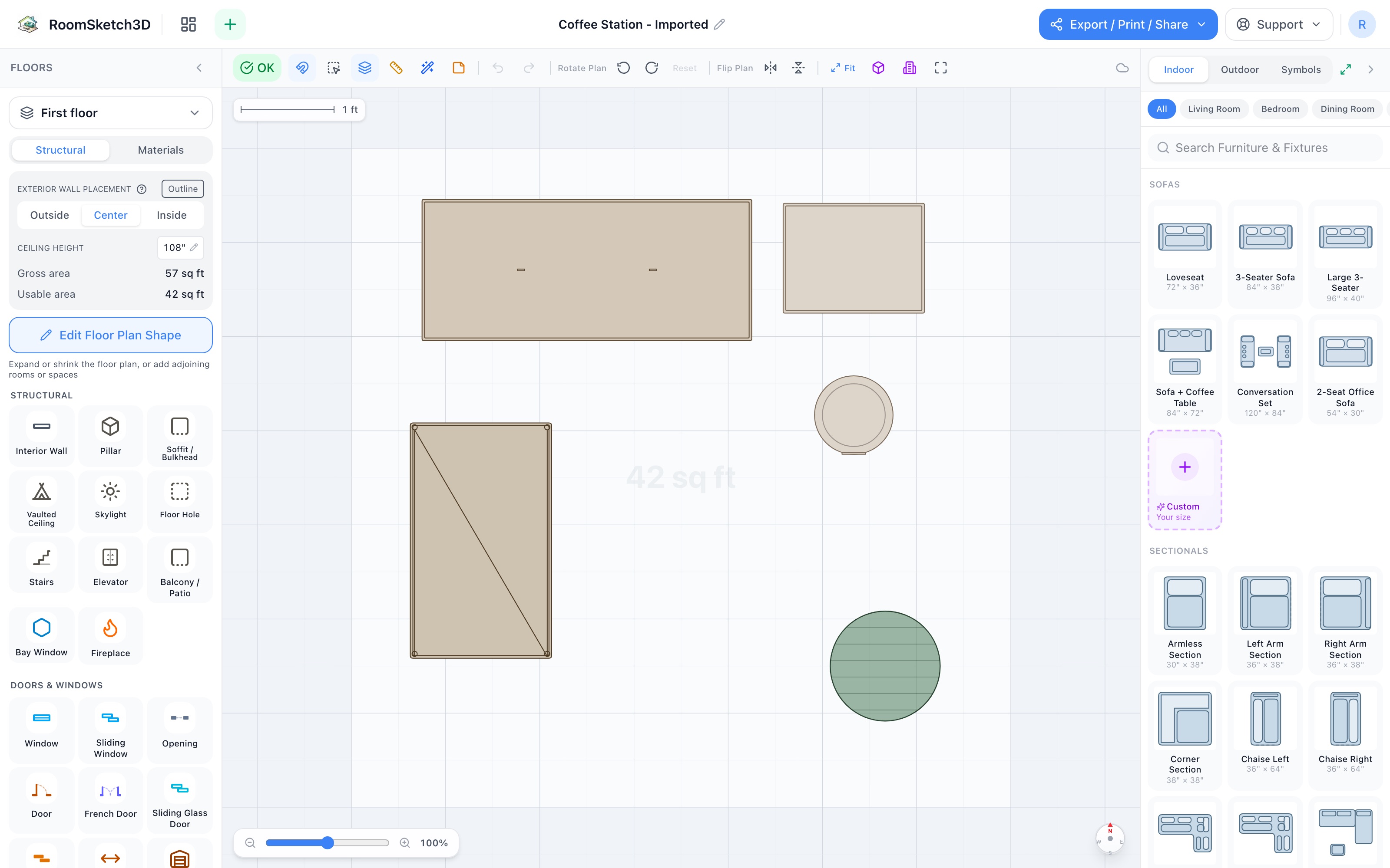 The coffee station floor plan in 2D: small buffet and narrow cabinet along the far edge, bar cart on the left, step trash can and small plant tucked in — RoomSketch3D room planner app