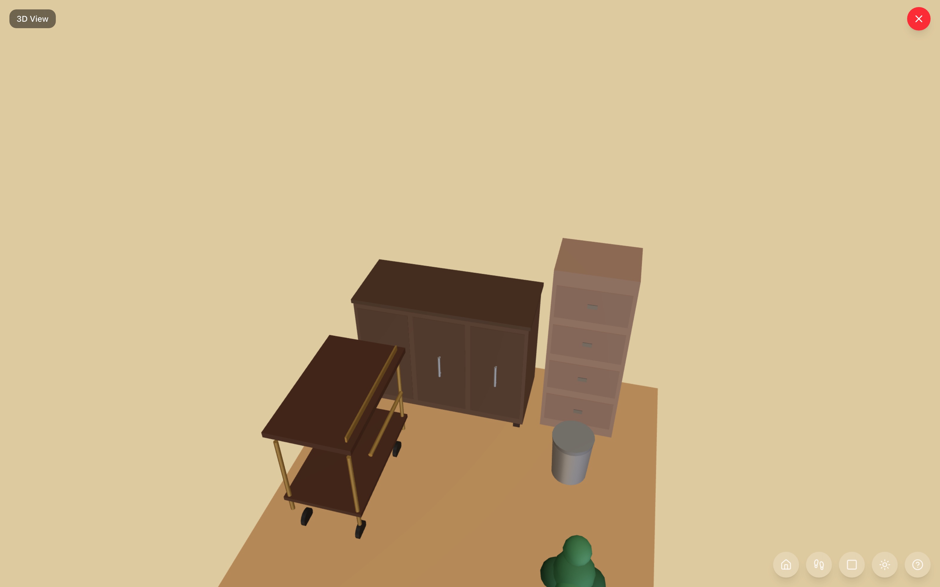 The coffee station in 3D: small buffet as the machine counter, tall narrow cabinet for mugs, bar cart, step trash can, and a small plant in the corner — RoomSketch3D home design app