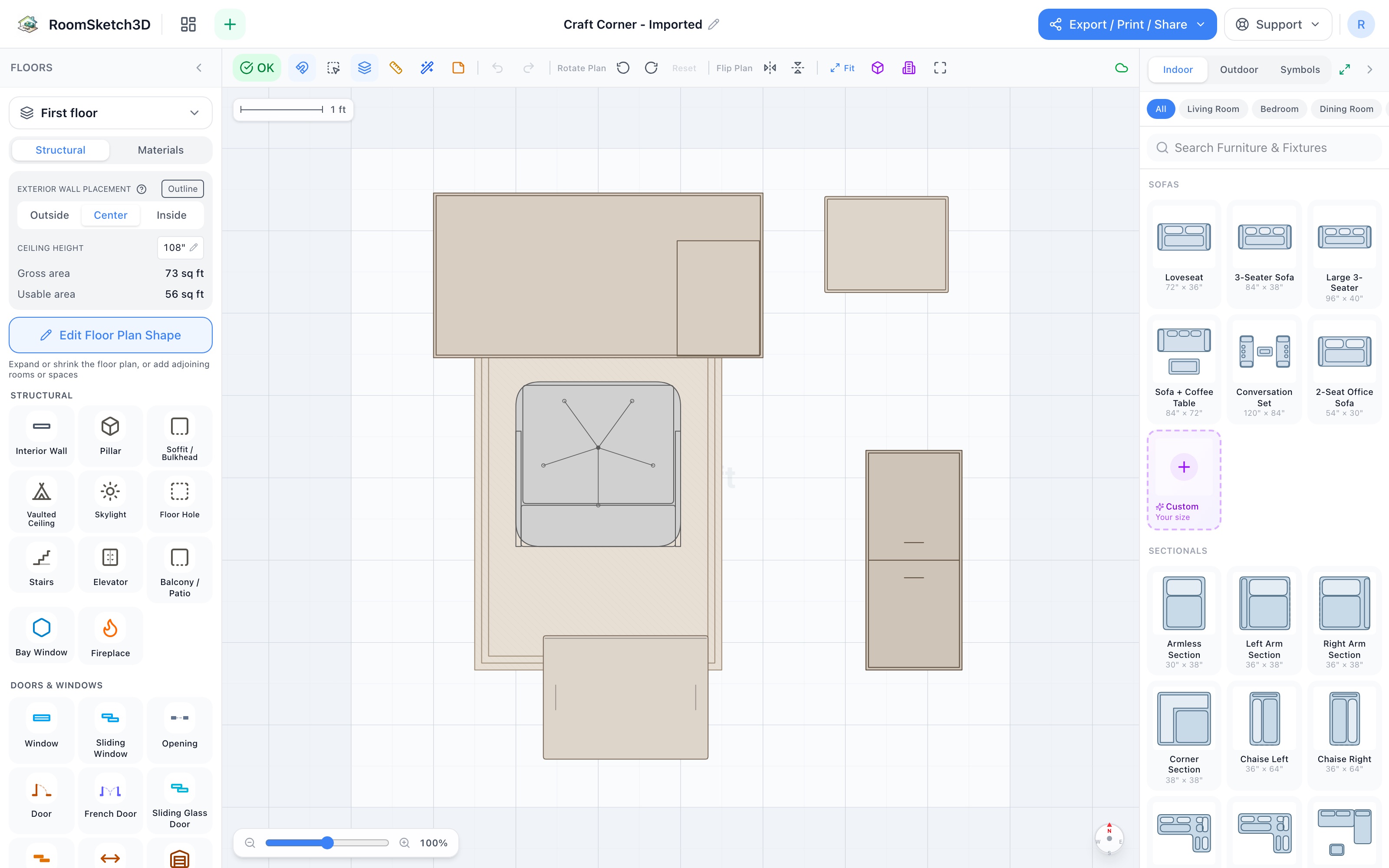 Craft corner floor plan in 2D: standard desk and narrow cabinet on the wall, office chair on a chair mat, cubby organizer on the side wall, storage tote behind the chair — RoomSketch3D room planner app