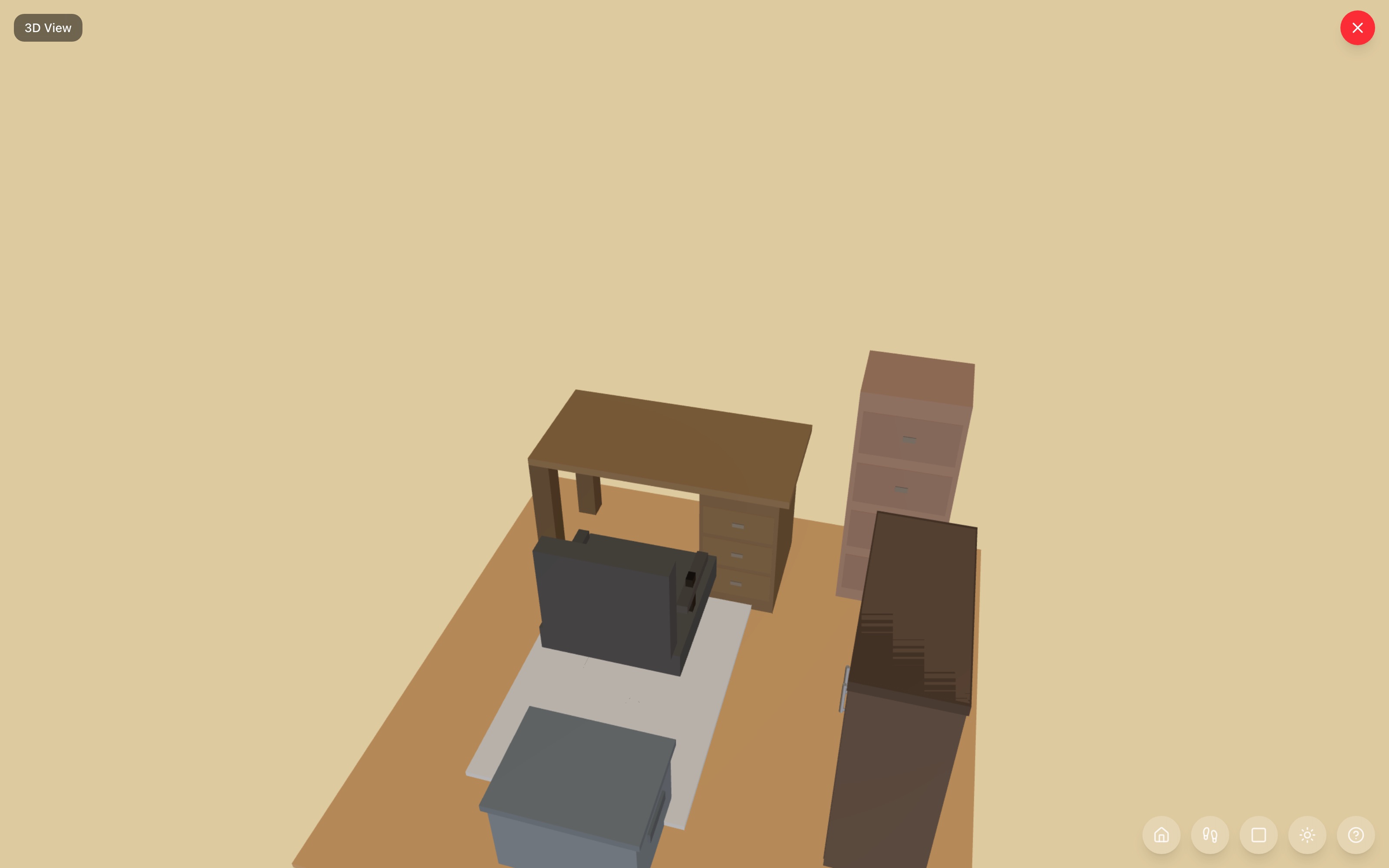 Craft corner in 3D: standard desk with narrow cabinet beside it, office chair on a mat, cubby organizer against the side wall, storage tote on the floor — RoomSketch3D floor planner