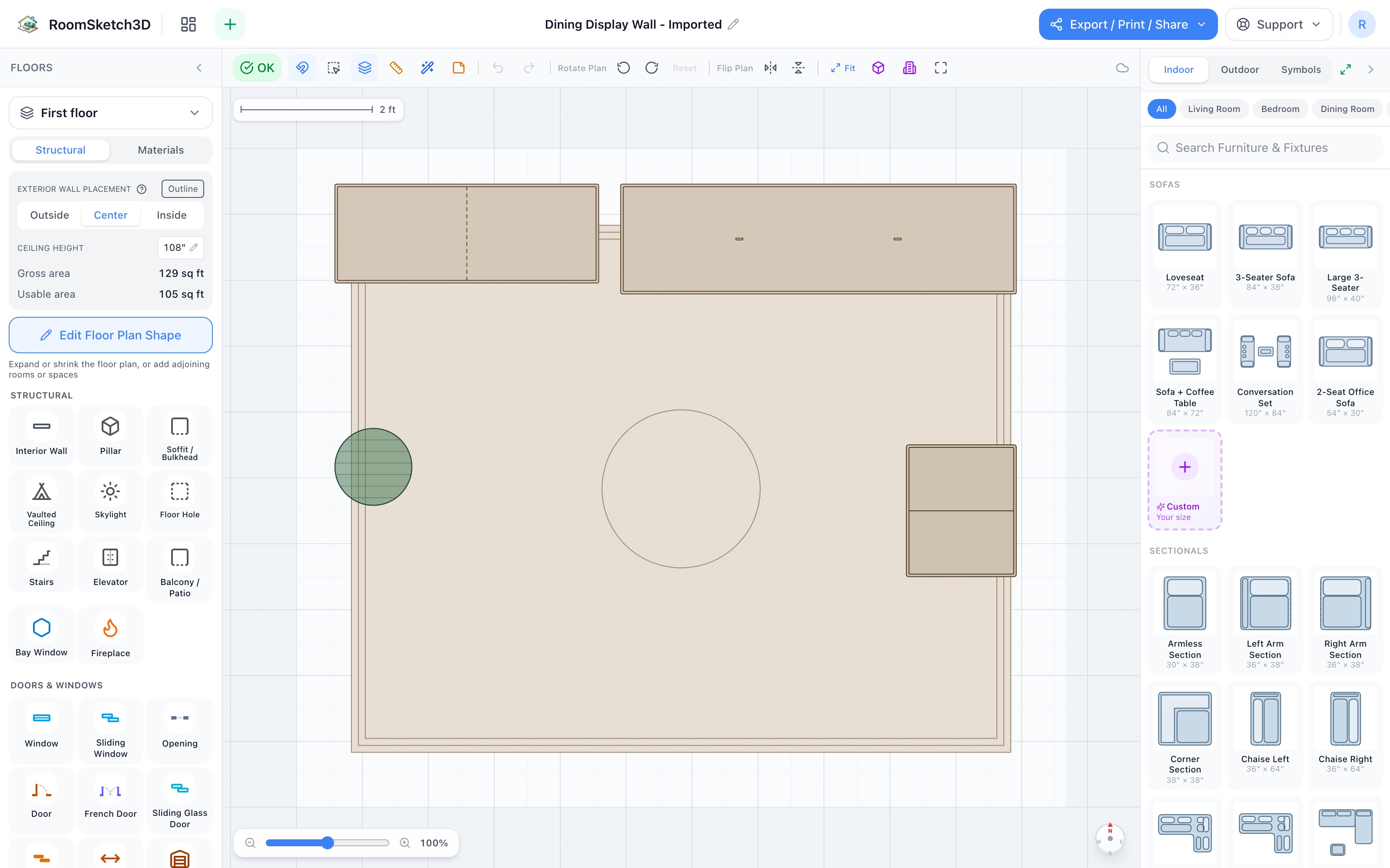 Dining display wall floor plan in 2D: china cabinet and large buffet in one run along the top wall, wine cabinet on the right wall closing the corner, 8x10 dining rug in the center, small plant at the left edge — RoomSketch3D floor plan creator