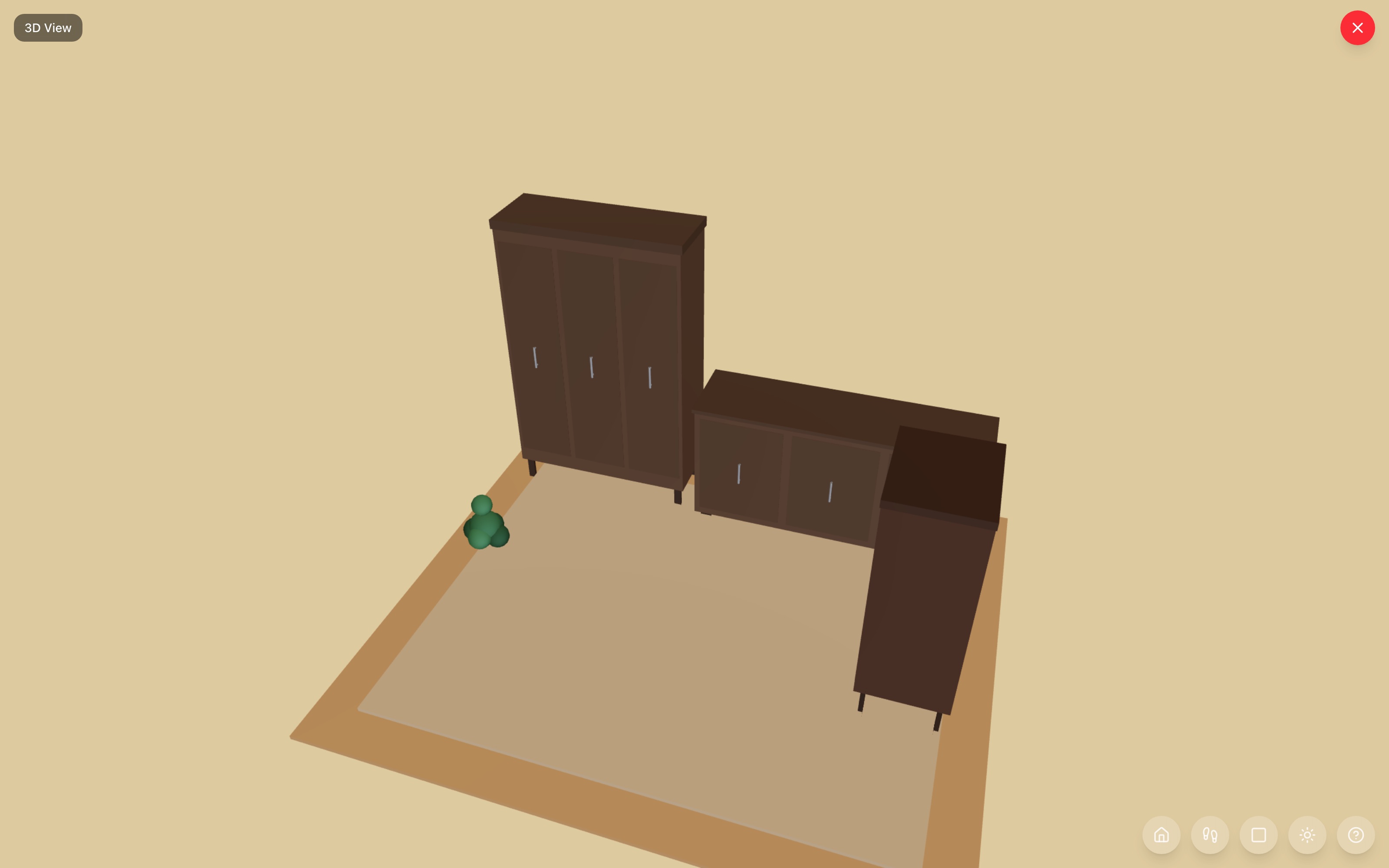 The dining display wall in 3D: tall china cabinet beside a long buffet in one run, wine cabinet wrapping the corner, dining rug and small plant marking the room — RoomSketch3D floor planner