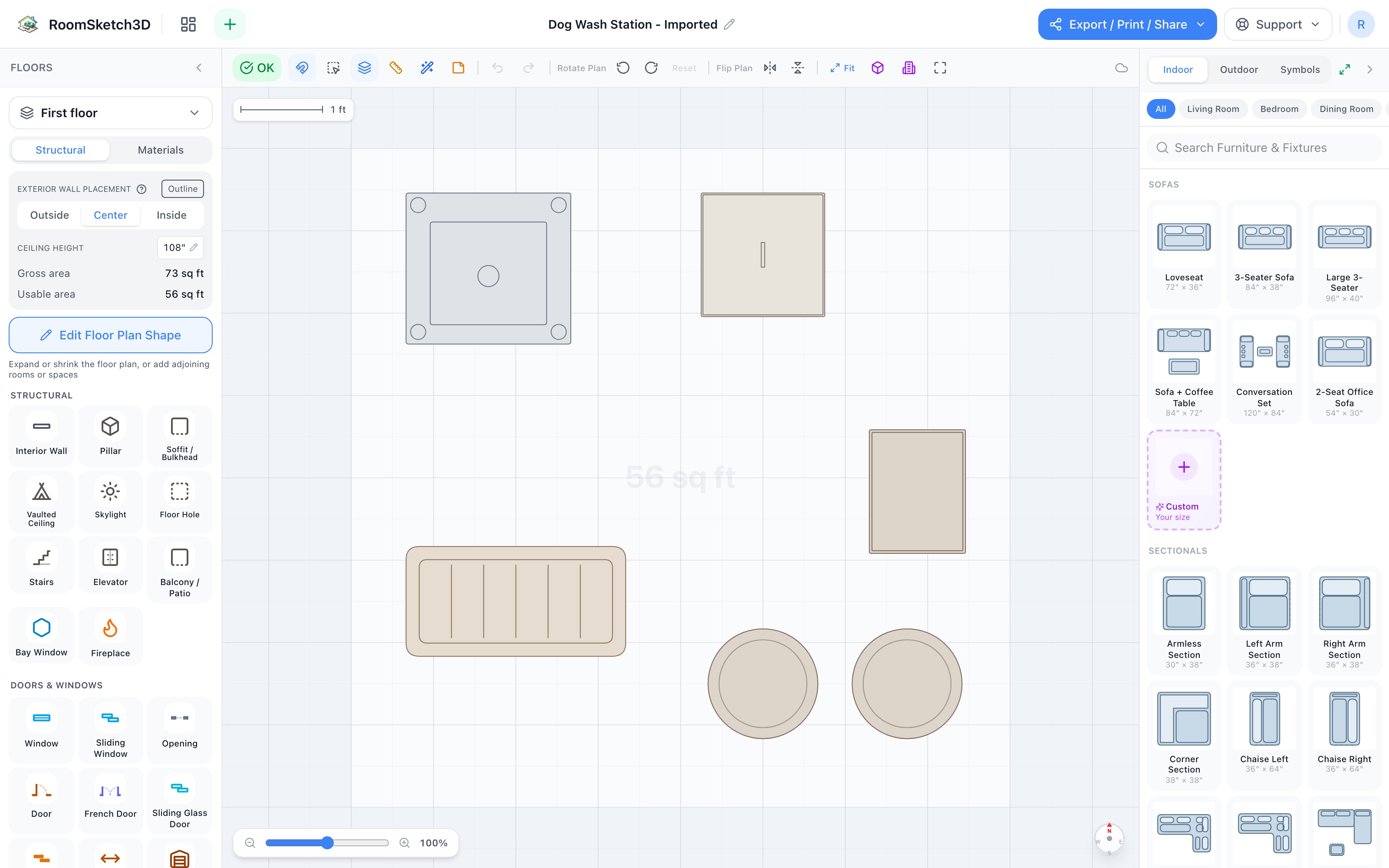 Dog-wash station floor plan in 2D: freestanding mop sink in the top-left corner, hamper cabinet on the top wall beside it, narrow cabinet on the right wall, boot tray in front of the sink, and two round storage baskets along the bottom edge — RoomSketch3D 3D floorplan software