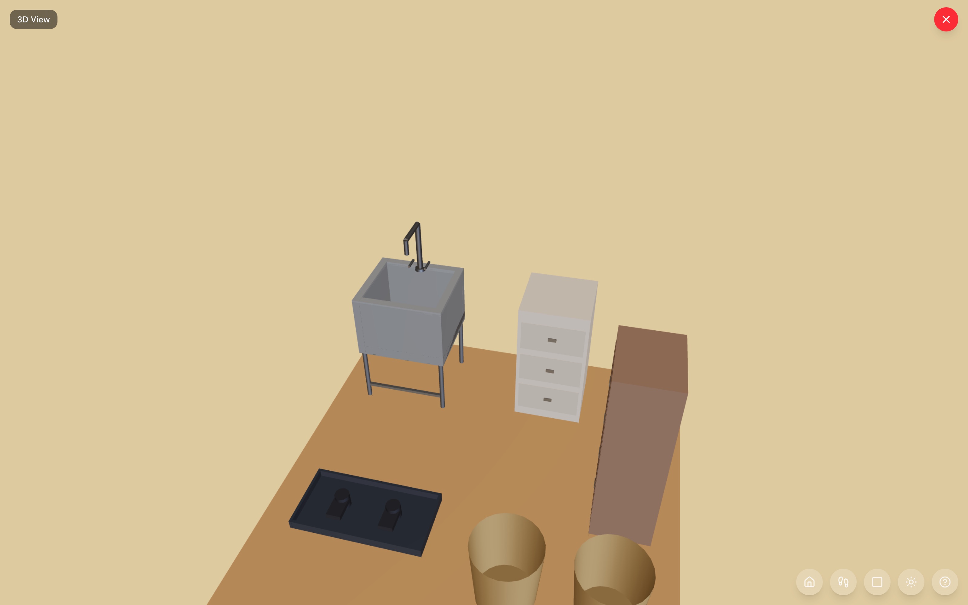 Dog-wash station in 3D: the low freestanding mop sink in the corner with the hamper cabinet beside it, the tall narrow cabinet on the right wall, a boot tray on the floor in front of the sink, and two woven storage baskets in the far corner — RoomSketch3D 3D floorplan software