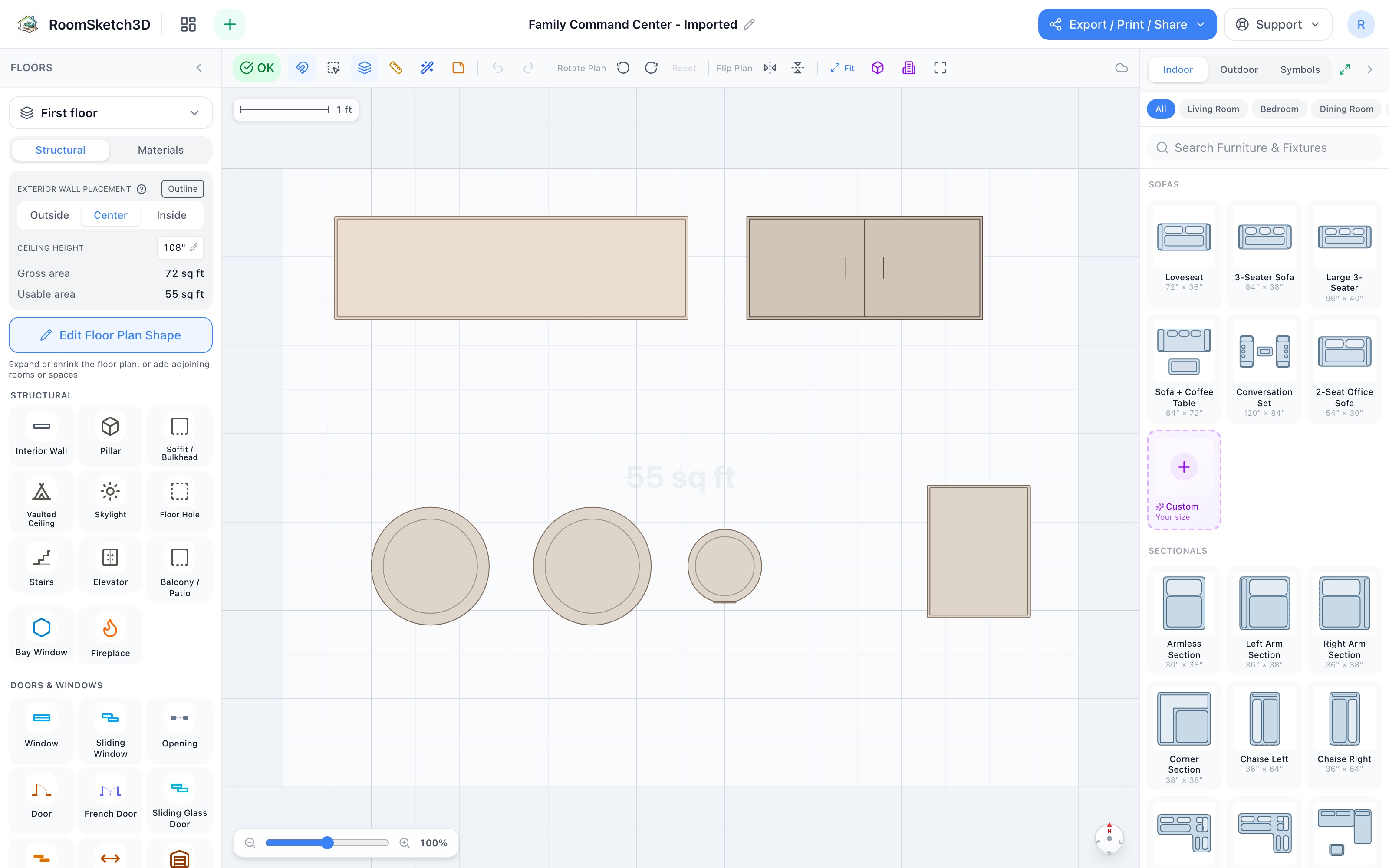 Family command center floor plan in 2D: console table and cubby organizer along the back wall, narrow cabinet on the right wall, two storage baskets on the floor below the console, and a step trash can at the console's end — RoomSketch3D 3D floorplan software