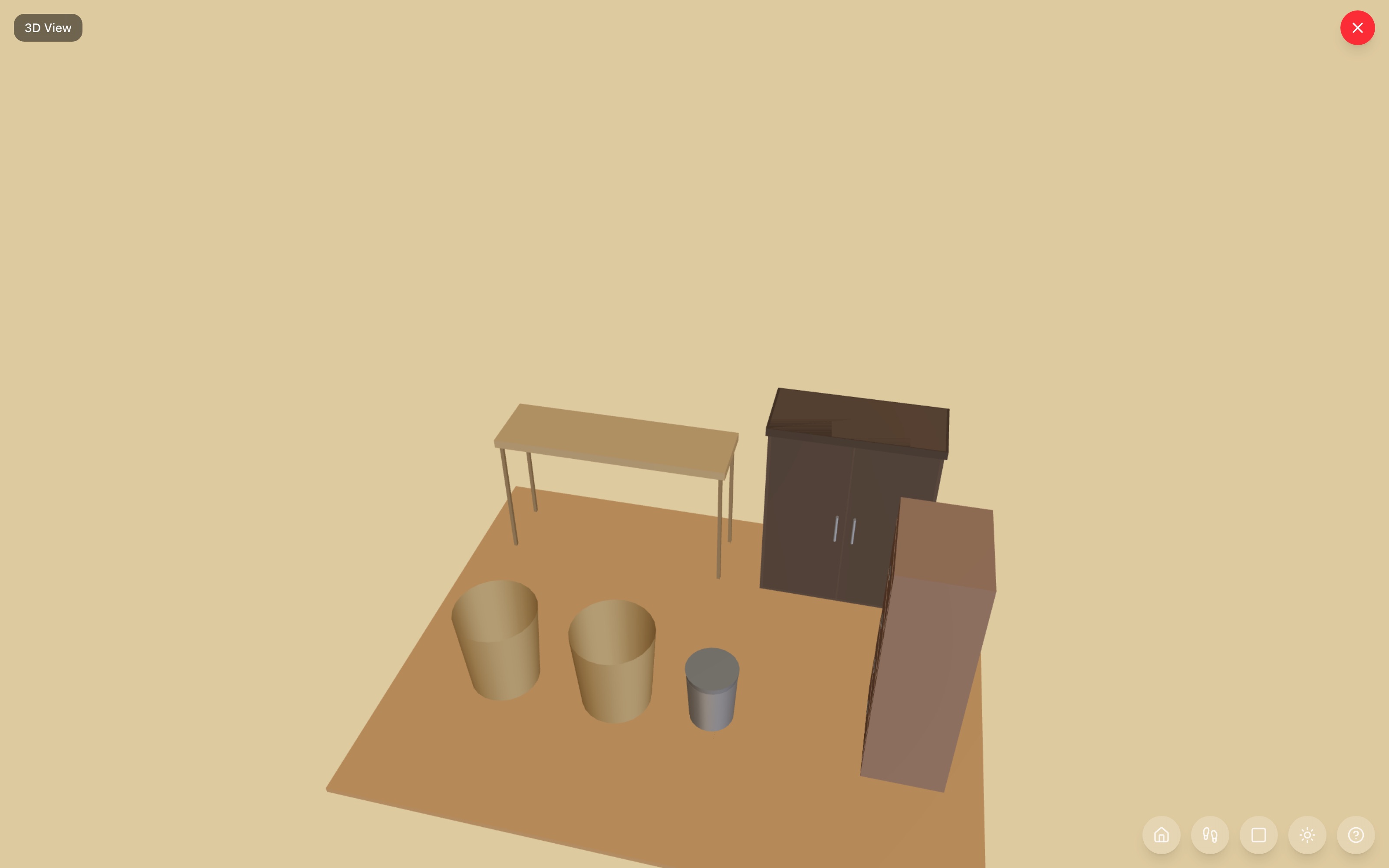 Family command center in 3D: console table with cubby organizer beside it along the back wall, narrow cabinet on the right wall, two baskets tucked below the console, and a step trash can at the end — RoomSketch3D floor plan creator