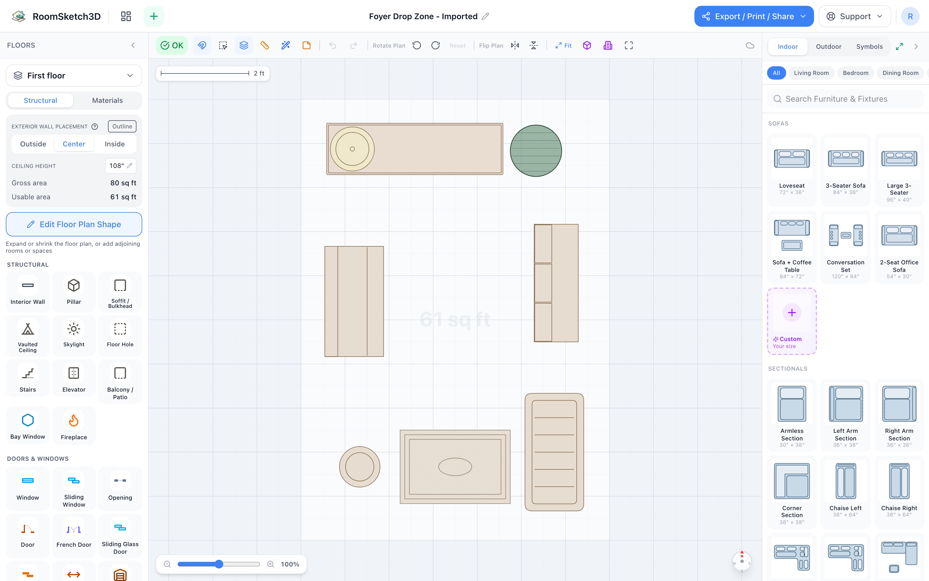 Foyer drop zone floor plan: door mat, boot tray, umbrella stand at the door; hall tree, shoe cabinet, and console deeper in — RoomSketch3D floor plan creator