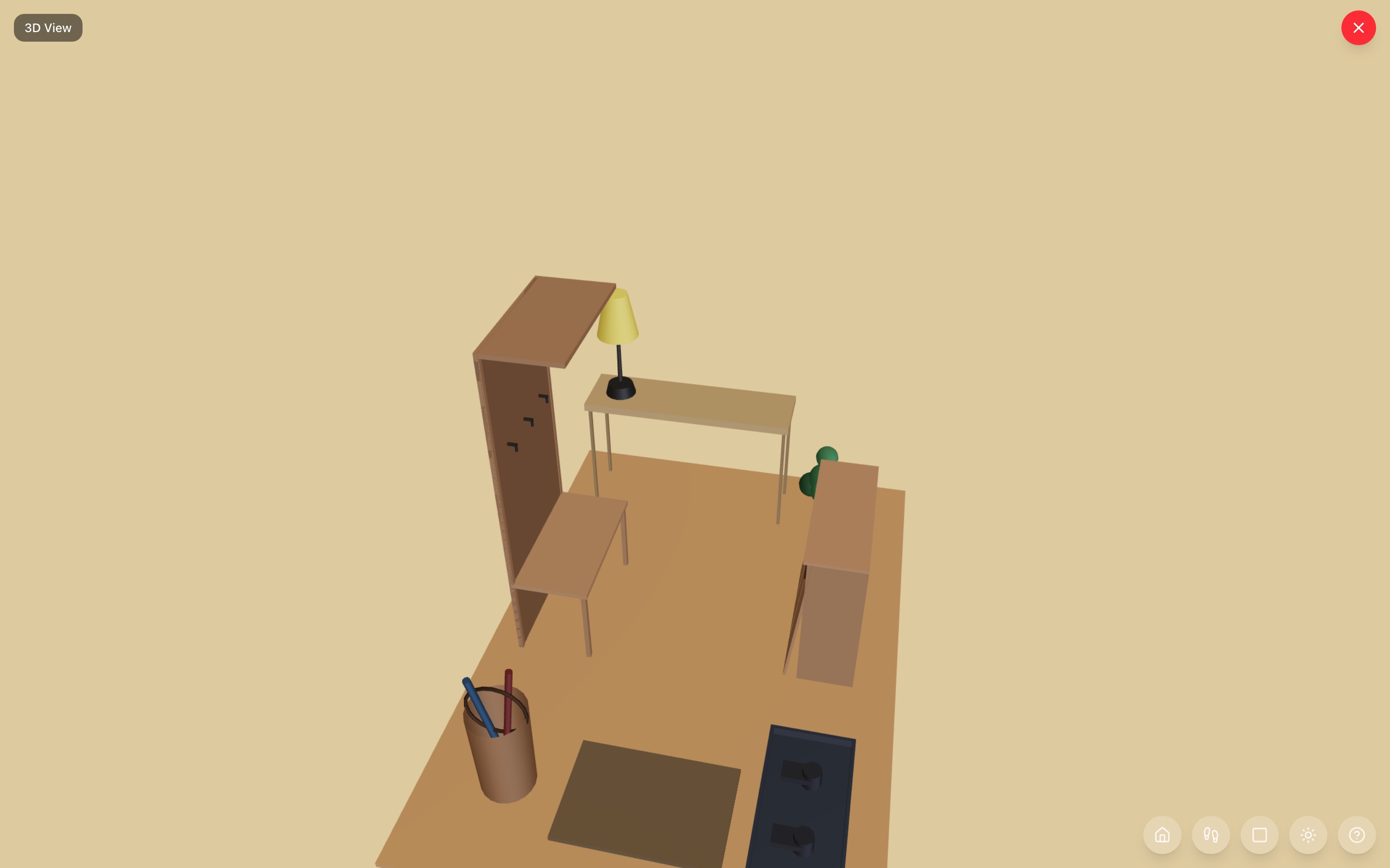 The foyer drop zone in 3D: hall tree with hooks, console with lamp, shoe cabinet, umbrella stand with umbrellas, boot tray and mat — RoomSketch3D floor plan creator