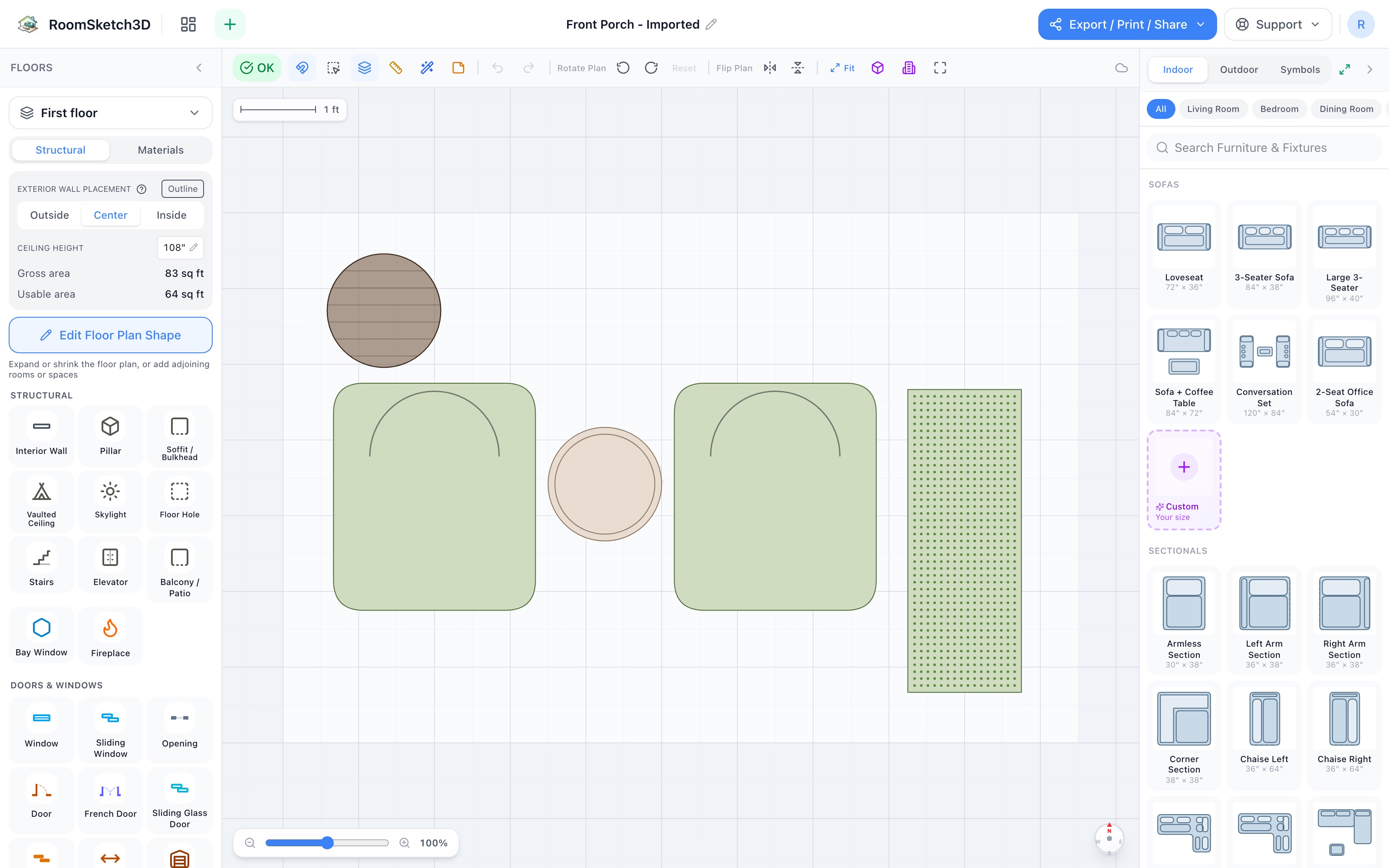 Front porch floor plan in 2D: two Adirondack chairs side by side facing the street, a round end table between them, a planter box along the rail, and a bird feeder pole in the corner — RoomSketch3D home design app