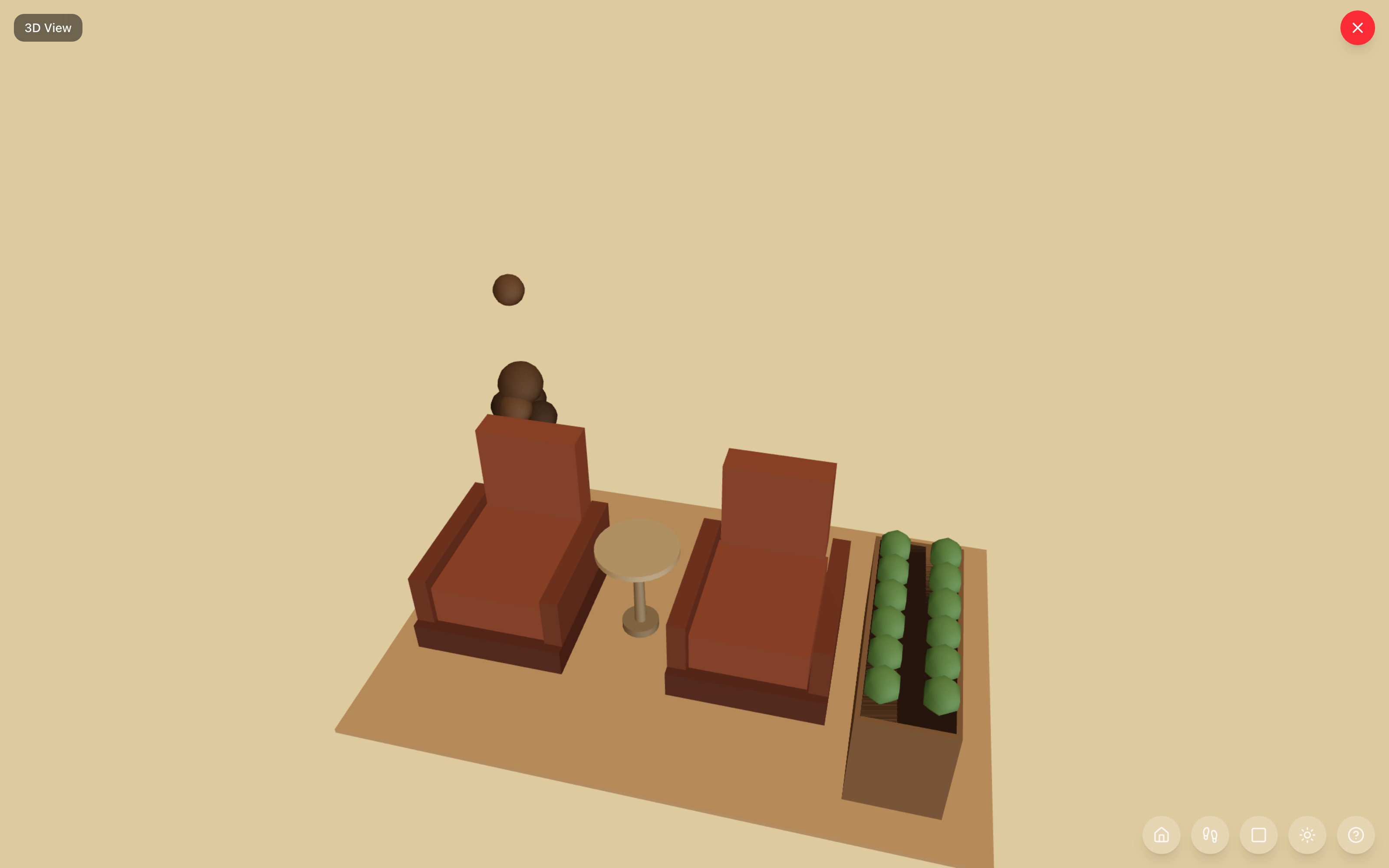 Front porch in 3D: two Adirondack chairs side by side with a round end table between them, a planter box at the rail, and a tall bird feeder pole in the corner — RoomSketch3D 3D floorplan software