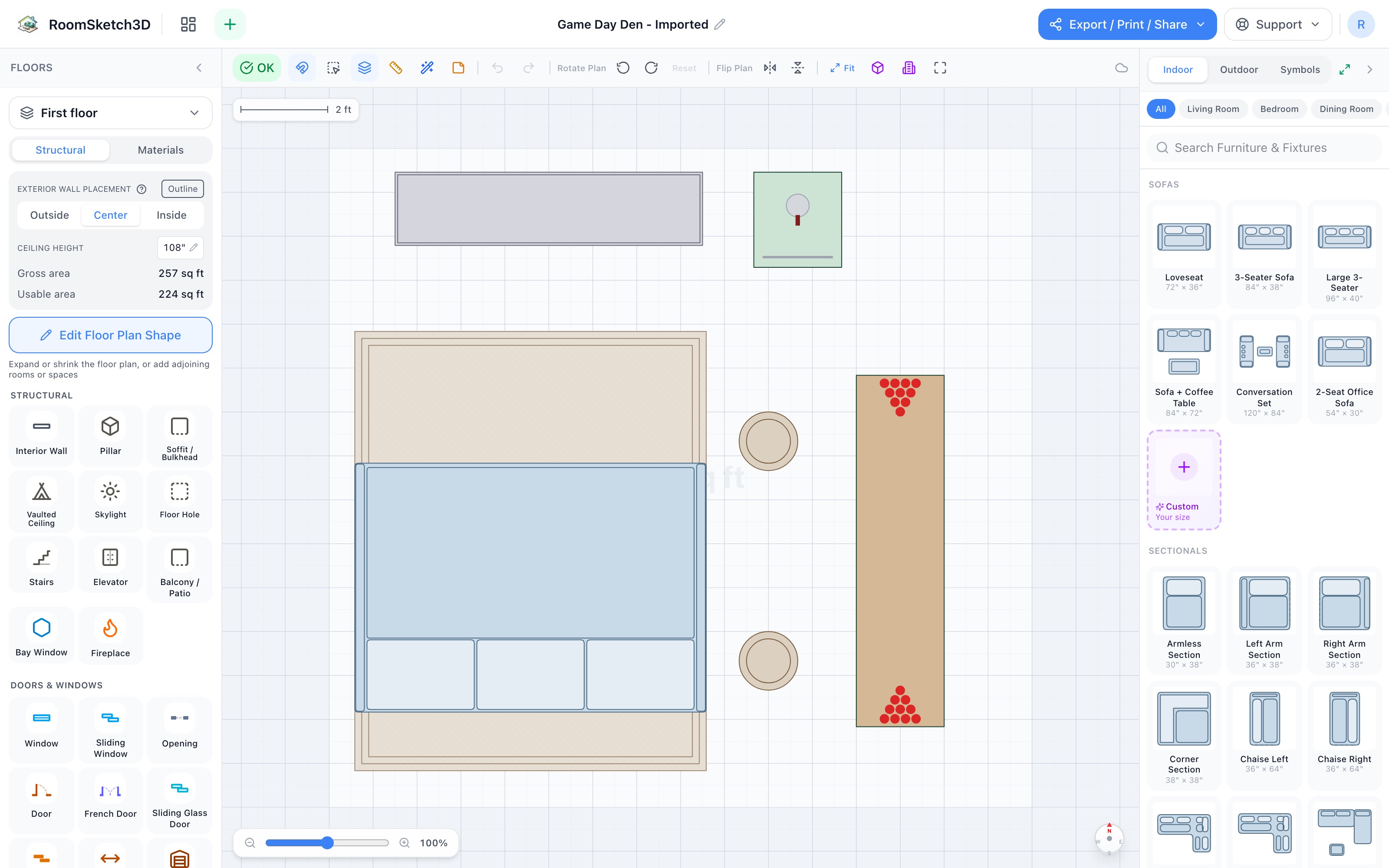 Game-day den floor plan in 2D: entertainment center on the top wall at left, L-sectional on an 8x10 rug facing it, kegerator to the right of the screen, and an 8-foot beer pong table with two bar stools in a lane down the right side — RoomSketch3D room planner app